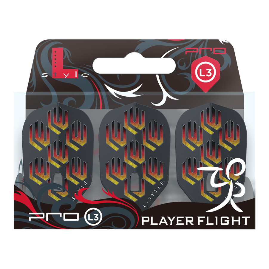 Das Bild zeigt die "L-Style Lukas Wenig V1 Black L3PRO Flights" in ihrer Verpackung. Die Flights sind schwarz mit einem rot-gelben Muster und dem Schriftzug "L-Style".