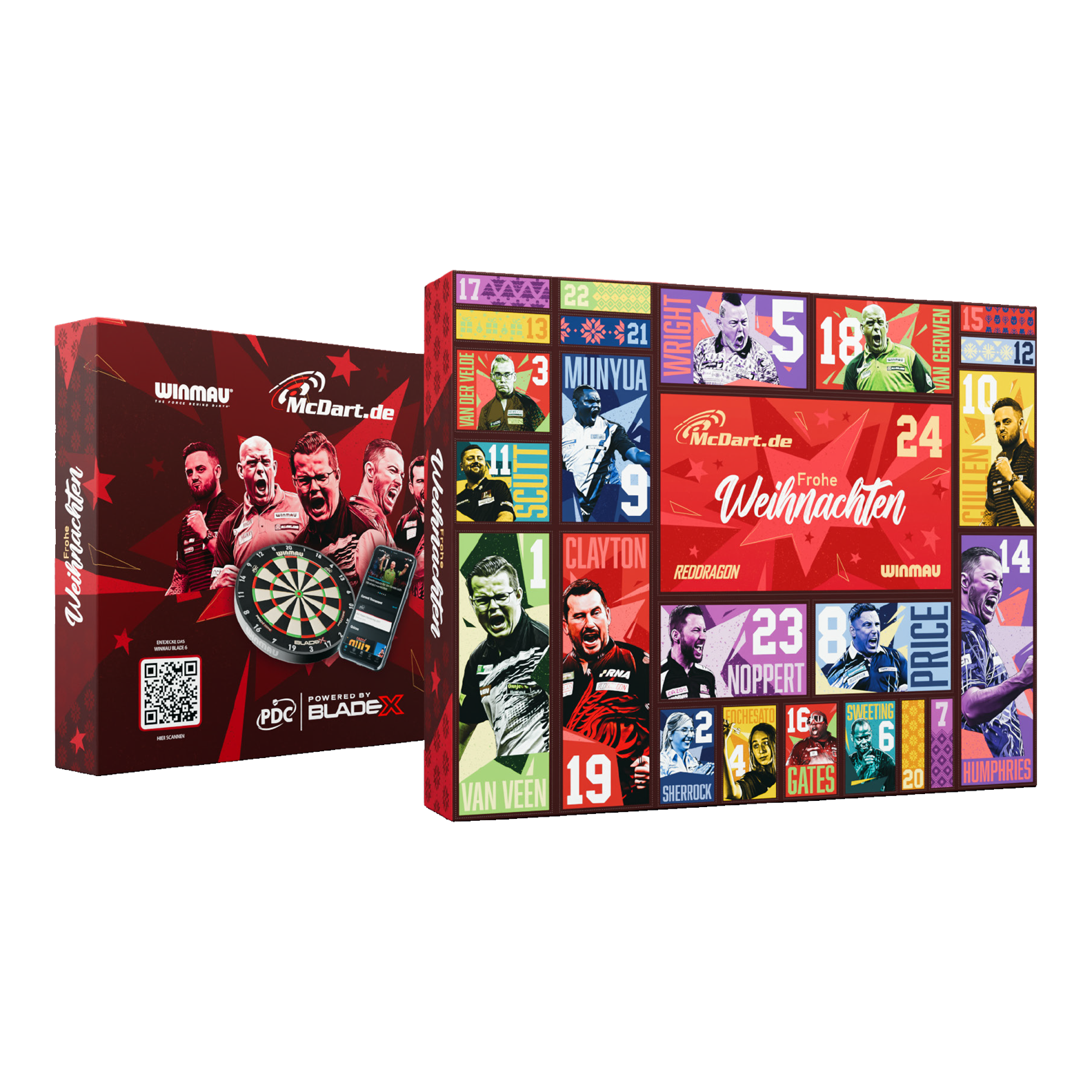 Calendrier de l'Avent McDart Steel Darts 2026 Hier ist der McDart Steel-Darts Adventskalender 2026 abgebildet. Die Verpackung hebt das Adventskalender-Design für Darts-Spieler hervor.