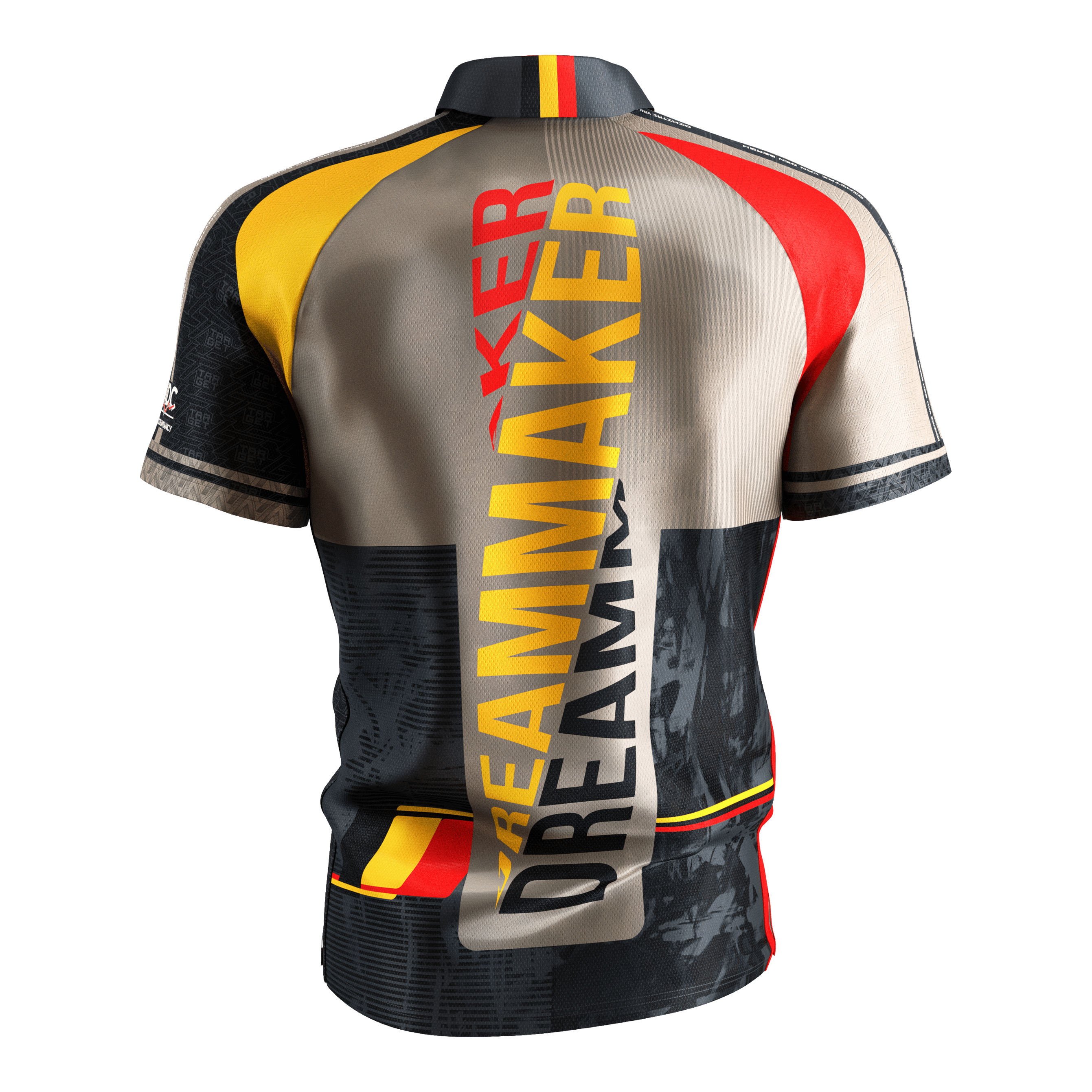Dies ist das Target Coolplay Dimitri Van Den Bergh 2025 Dartshirt. Auf der Rückseite steht in großen Buchstaben "DREAMMAKER" und das Shirt hat auffällige Farben in Gelb, Rot und Schwarz.