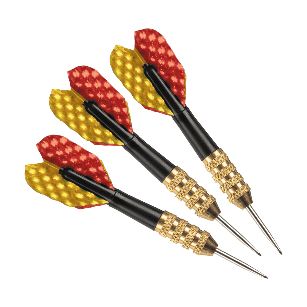 HA01224_Harrows_Mini_Steeldarts_1 Das Bild zeigt drei Harrows Mini Steeldarts mit goldfarbenen Griffen. Ihre Flights sind rot und gelb gemustert.