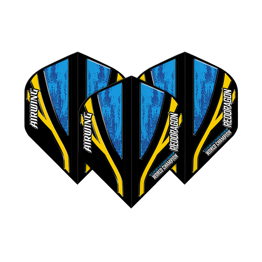 L'escadron aérien Red Dragon, Luke Humphries, champion du monde, vols standard noirs et bleus Das Bild zeigt drei Dartflights mit dem Namen "Red Dragon Airwing Luke Humphries World Champion Black Blue Standard Flights". Die Flights sind überwiegend blau und schwarz mit gelben Akzenten und weißer Schrift.