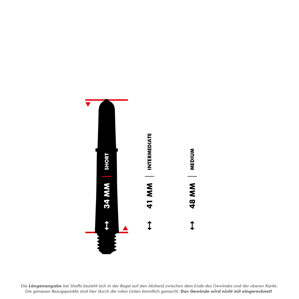 Tiges Target Pro Grip Vision - 3 jeux - Noires Das Bild zeigt einen kurzen Target Pro Grip Vision Shaft mit einer Länge von 34 mm. Rechts daneben sind die Größen "Intermediate" (41 mm) und "Medium" (48 mm) als Vergleich dargestellt.