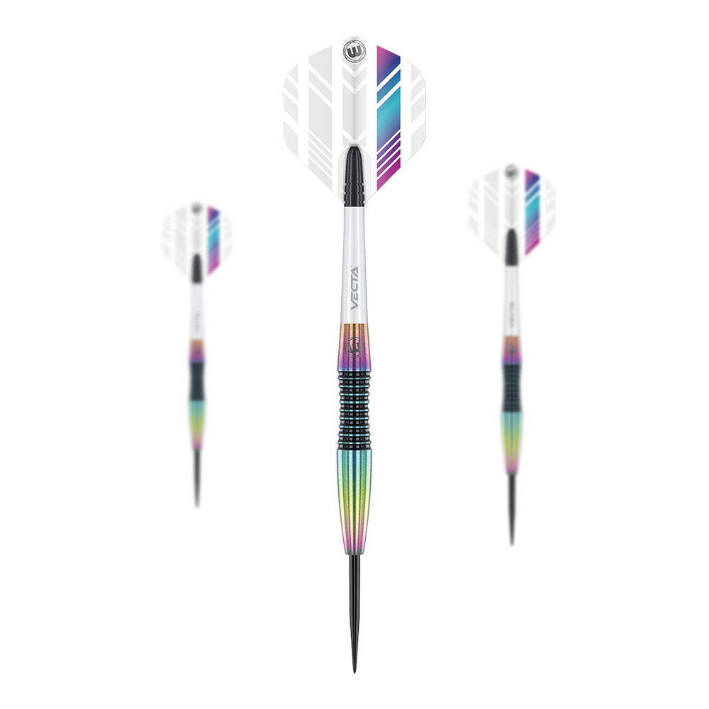 Fléchettes en acier Winmau Elektra Das Bild zeigt drei Winmau Elektra Steeldarts mit weißen Flights und bunten, metallischen Schäften. Die Darts sind modern gestaltet und haben schwarze Spitzen.