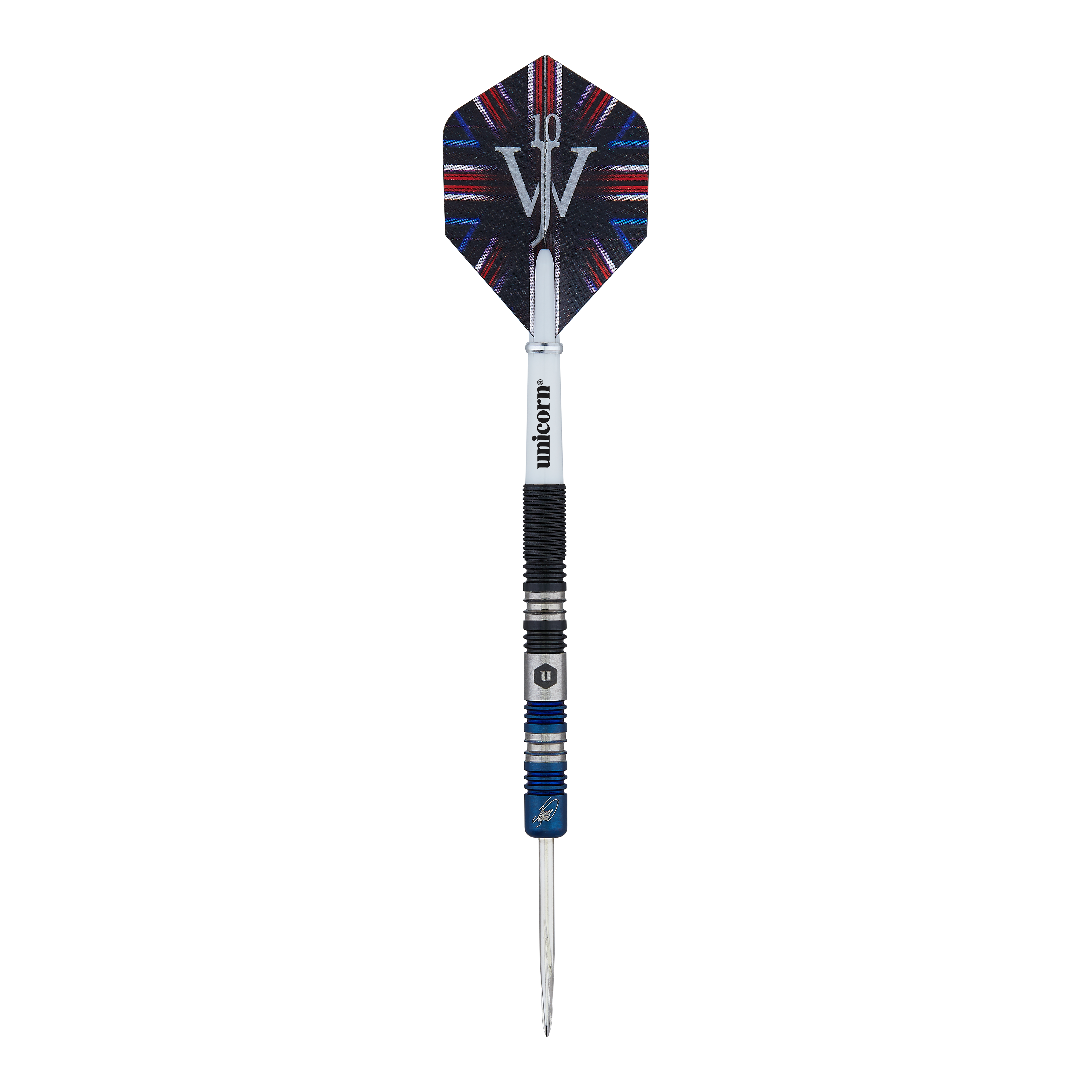 Fléchettes en acier bicolore Unicorn The Machine James Wade Das Bild zeigt einen Steeldart der Marke "Unicorn The Machine James Wade Two-Tone". Der Dart hat ein schwarz-blaues Design und ein Flight mit einem auffälligen Muster.