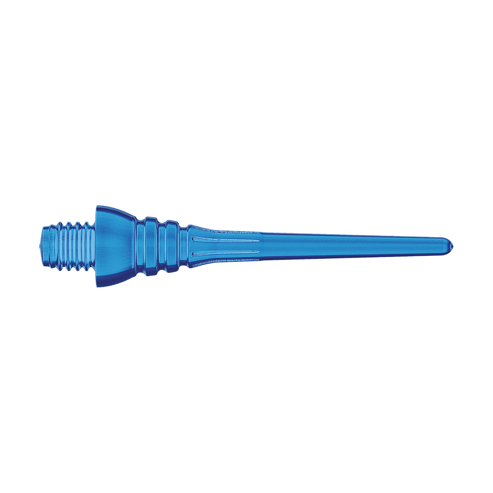 Winmau Triton Softtip Points Softdartspitzen (50-er Pack) Auf dem Bild ist eine azurblaue Softdartspitze zu sehen. Sie hat ein Schraubgewinde auf der einen Seite und läuft zur anderen Seite spitz zu.