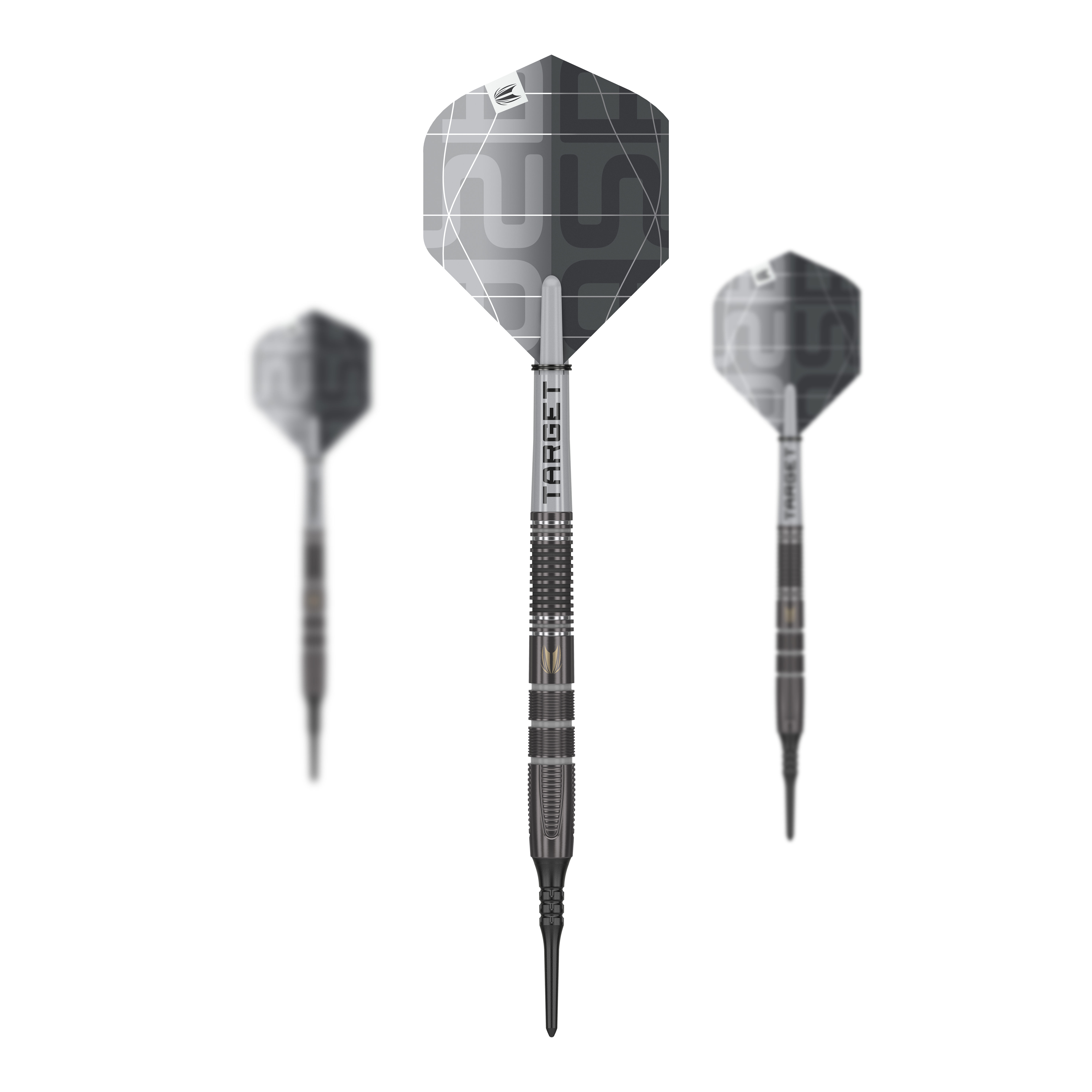 Fléchettes souples Target Nathan Aspinall X Echo - 18 g Das Bild zeigt drei Target Nathan Aspinall X Echo Softdarts mit einem Gewicht von 18g. Die Darts haben ein modernes, silbergraues Design und sind deutlich mit dem Markennamen "TARGET" beschriftet.