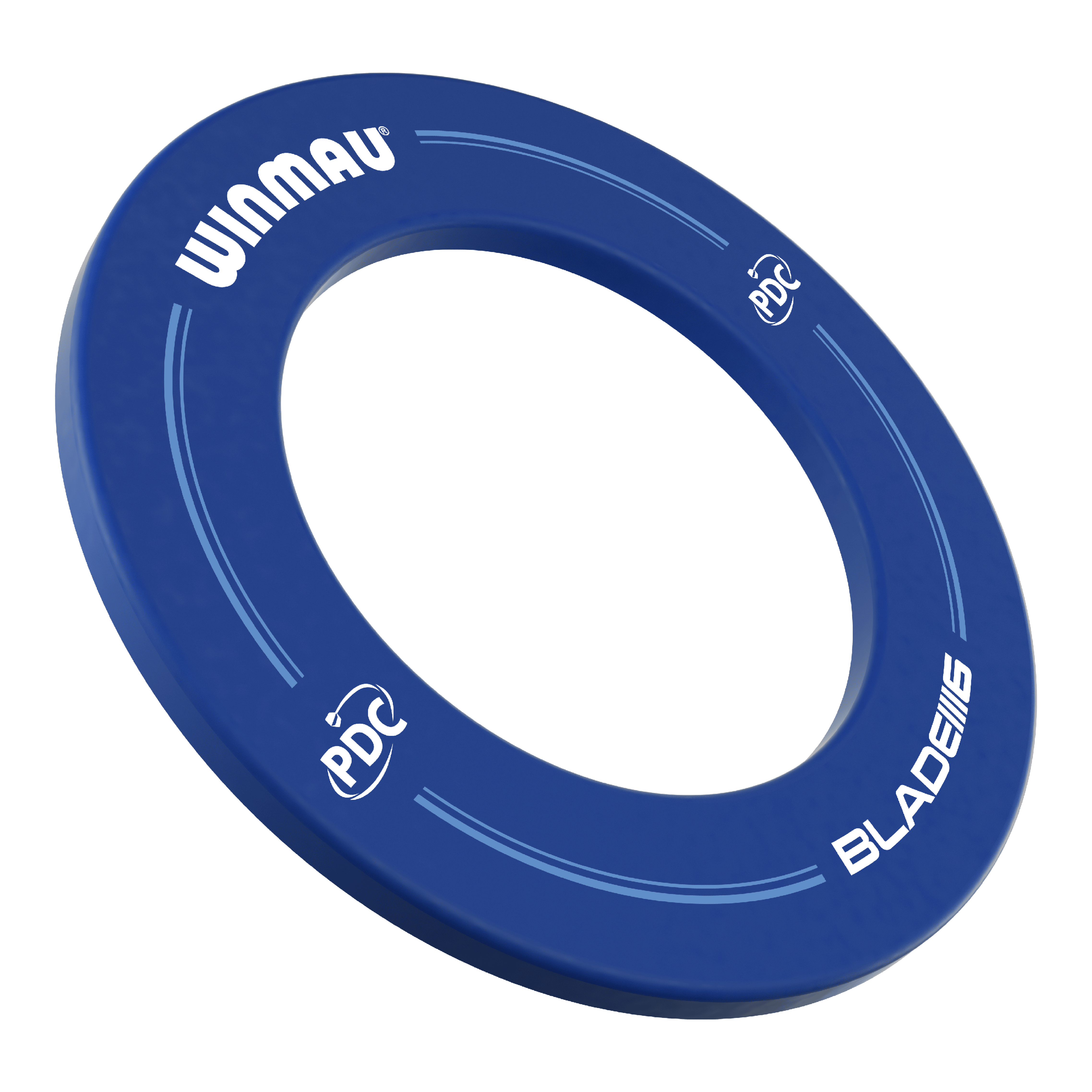 Cadre de fléchettes Winmau PDC - Bleu Auf dem Bild ist ein blauer Dartboard-Surround der Marke Winmau zu sehen. Die Aufschrift enthält die Logos von Winmau, PDC und Blade 6.