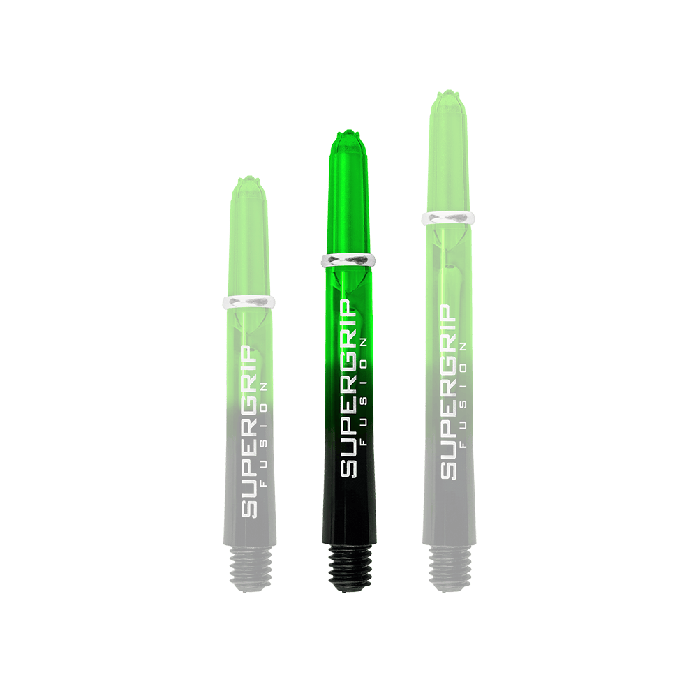 Das Bild zeigt drei grüne Harrows Supergrip Fusion Shafts in unterschiedlichen Längen. Die Schrift "SUPERGRIP FUSION" ist deutlich auf jedem Shaft zu sehen.