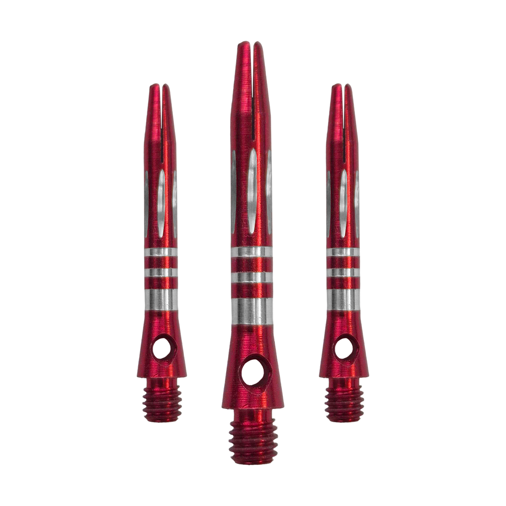 Das Bild zeigt ein Set der Ringed Diamond Cut Aluminium Shafts - Rot - 35 mm. Mehrere rote Aluminium-Dartschäfte liegen nebeneinander.
