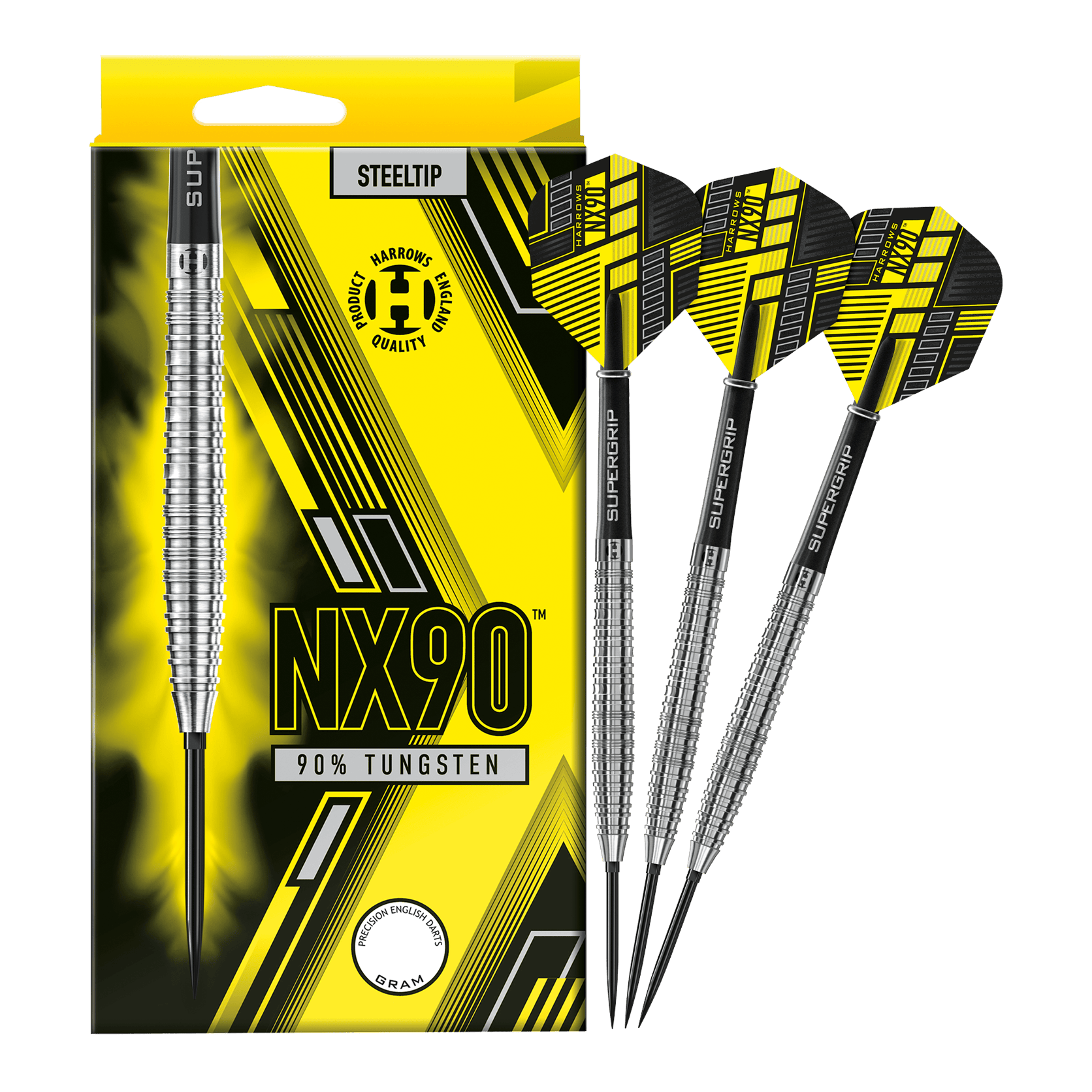 Fléchettes en acier Harrows NX90 à pointe rapide conique Das Bild zeigt die Harrows NX90 Tapered Quick Point Steeldarts in voller Ansicht. Die Steeldarts sind für Präzision und Qualität bekannt.