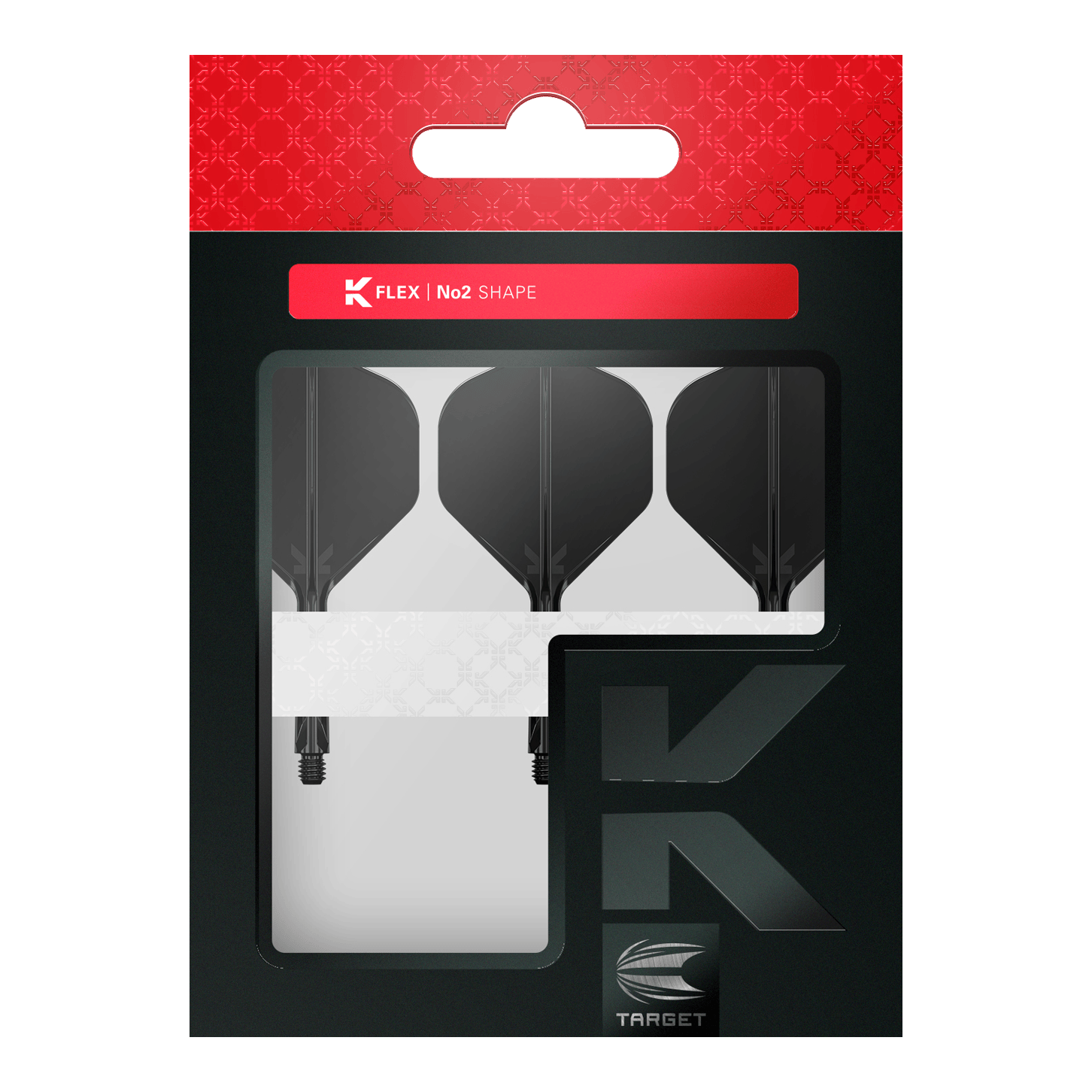 Système de vol standard Target K-Flex No2 - Noir Die Abbildung zeigt eine Verpackung mit drei schwarzen Dartflights der Marke Target in No2-Form. Die Verpackung ist hauptsächlich schwarz mit einem roten oberen Bereich und einem Sichtfenster, das die Flights präsentiert.