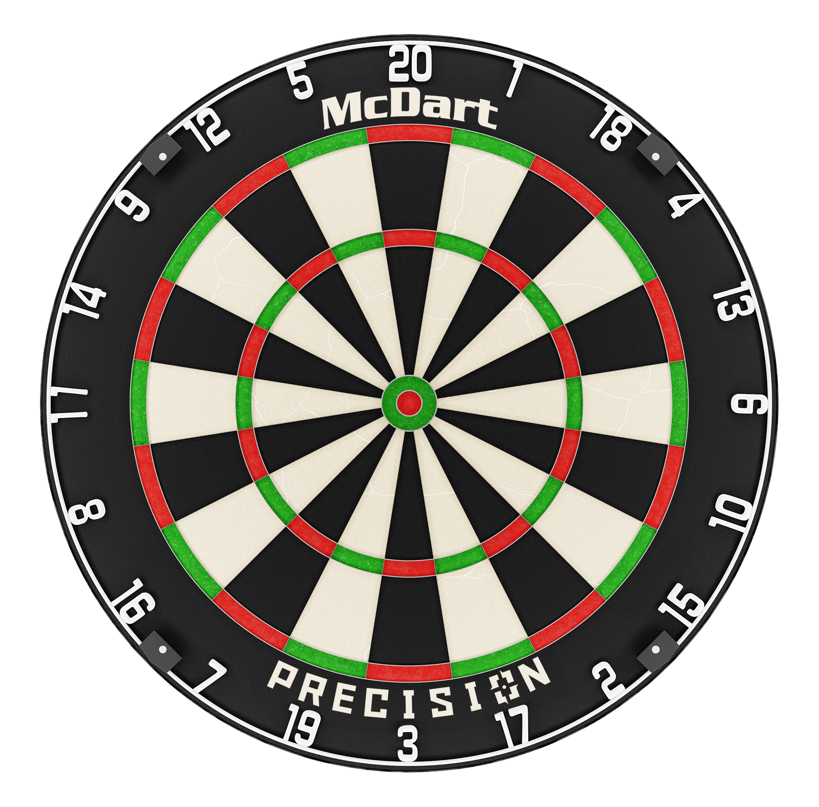 Cible de fléchettes en acier McDart Precision Das Bild zeigt eine McDart Precision Steeldartboard. Die Scheibe ist schwarz, weiß, rot und grün gefärbt und hat gut sichtbare Zahlen am Rand.