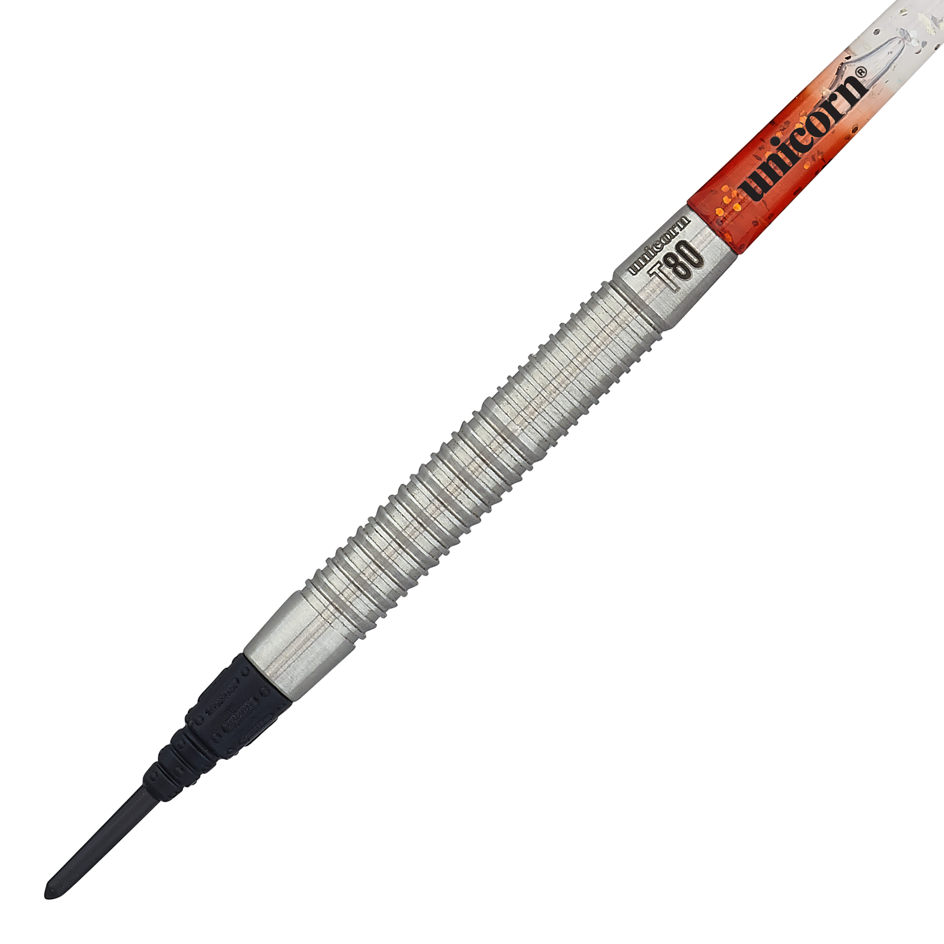Das Bild zeigt einen Unicorn Core XL Striker Style 1 Softdart mit 19 Gramm Gewicht. Der Dart hat einen silbernen, geriffelten Griff und eine schwarze Softspitze.