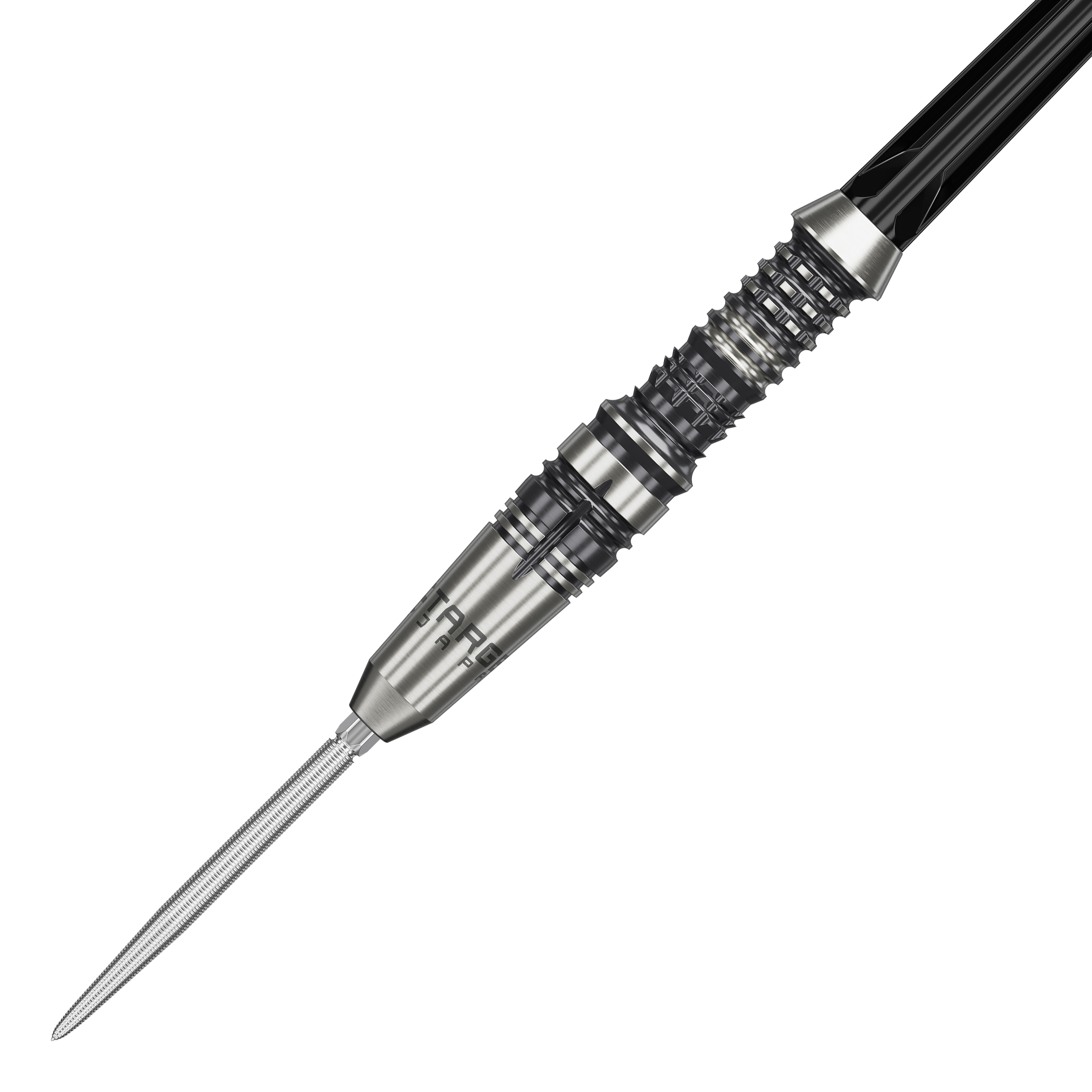 Das Bild zeigt einen Target Japan Black Marque Heracles Steeldart. Der Dart hat ein silbernes, fein geriffeltes Design mit schwarzen Akzenten.