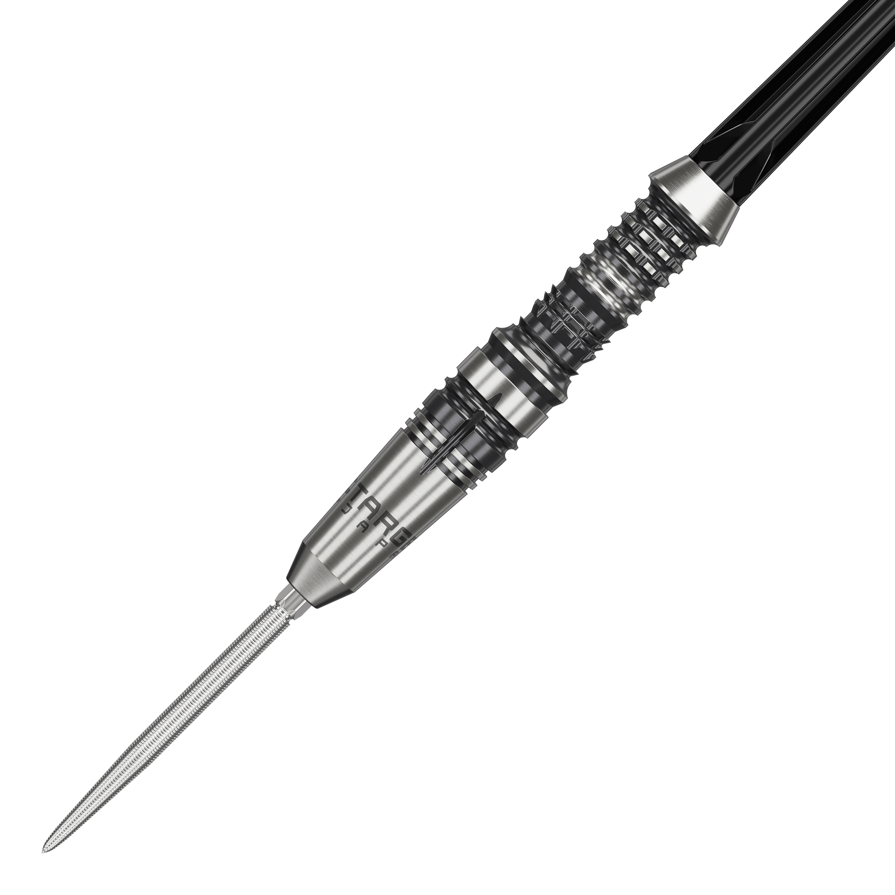 Target Japan Black Marque Heracles Steeldarts Das Bild zeigt einen Target Japan Black Marque Heracles Steeldart. Der Dart hat ein silbernes, fein geriffeltes Design mit schwarzen Akzenten.