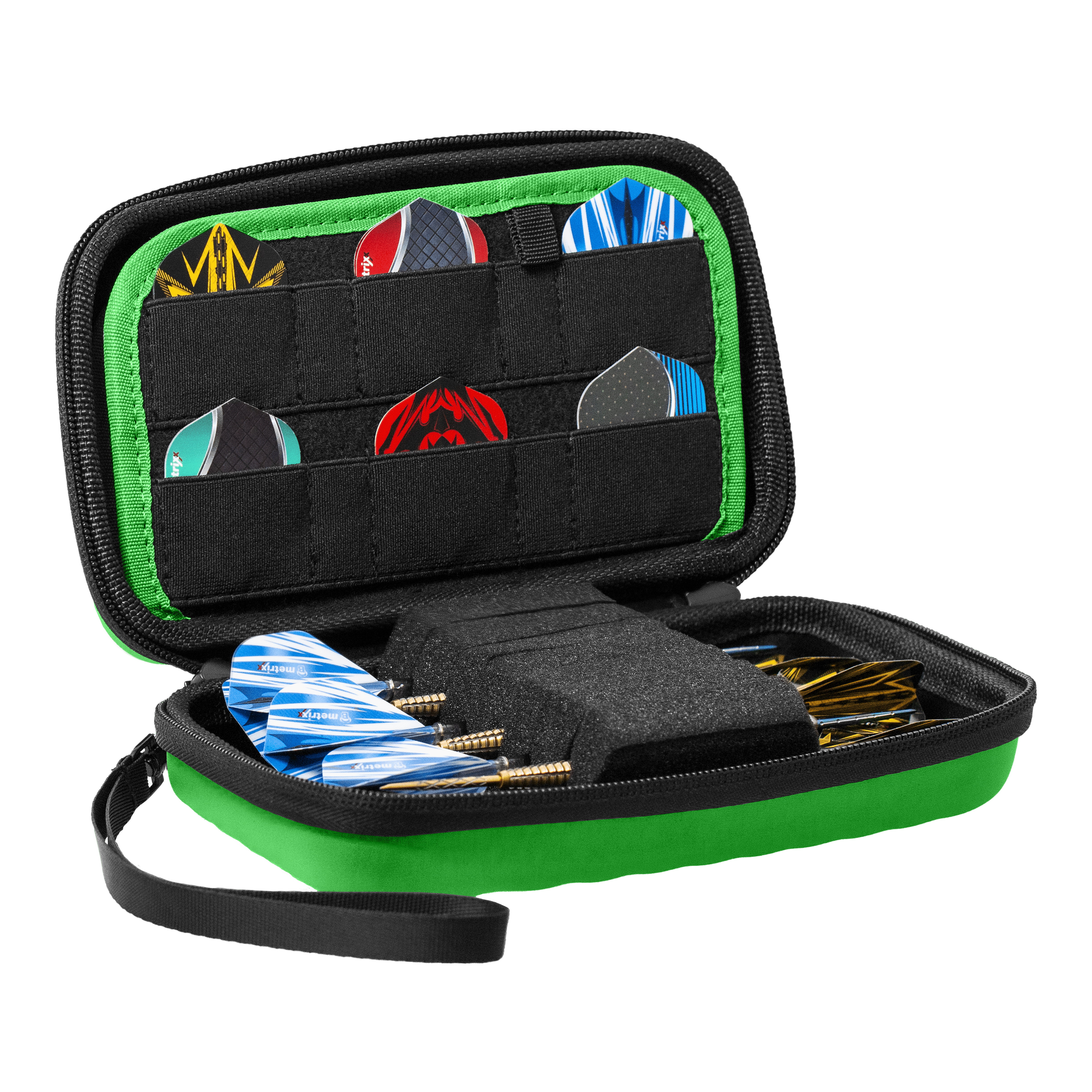 Étui à fléchettes Bulls Orbis XL - Vert Das Bulls Orbis XL Dartcase in Grün ist auf dem Bild zu sehen. Es bietet ausreichend Stauraum für verschiedene Dartteile.