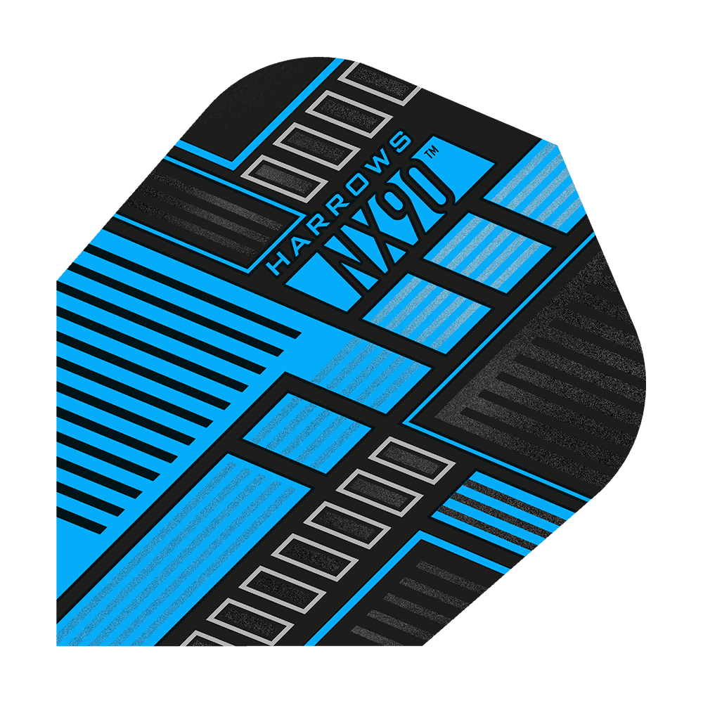 HR48_Harrows_Prime_NX90_Blue_No6_Flights_1TRyAOKqNIP8bj Das Bild zeigt das Produkt "Harrows Prime NX90 Blue Flights". Das Design ist modern mit schwarzen, blauen und silbernen geometrischen Linien und Mustern.