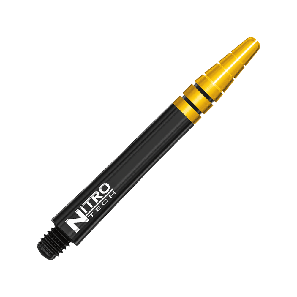 C702_Red_Dragon_Nitrotech_Black_Gold_Shafts_42mm_2 Auf dem Bild ist ein Dartshaft in Schwarz und Gold zu sehen. Auf dem Schaft steht der Schriftzug "NITRO TECH".