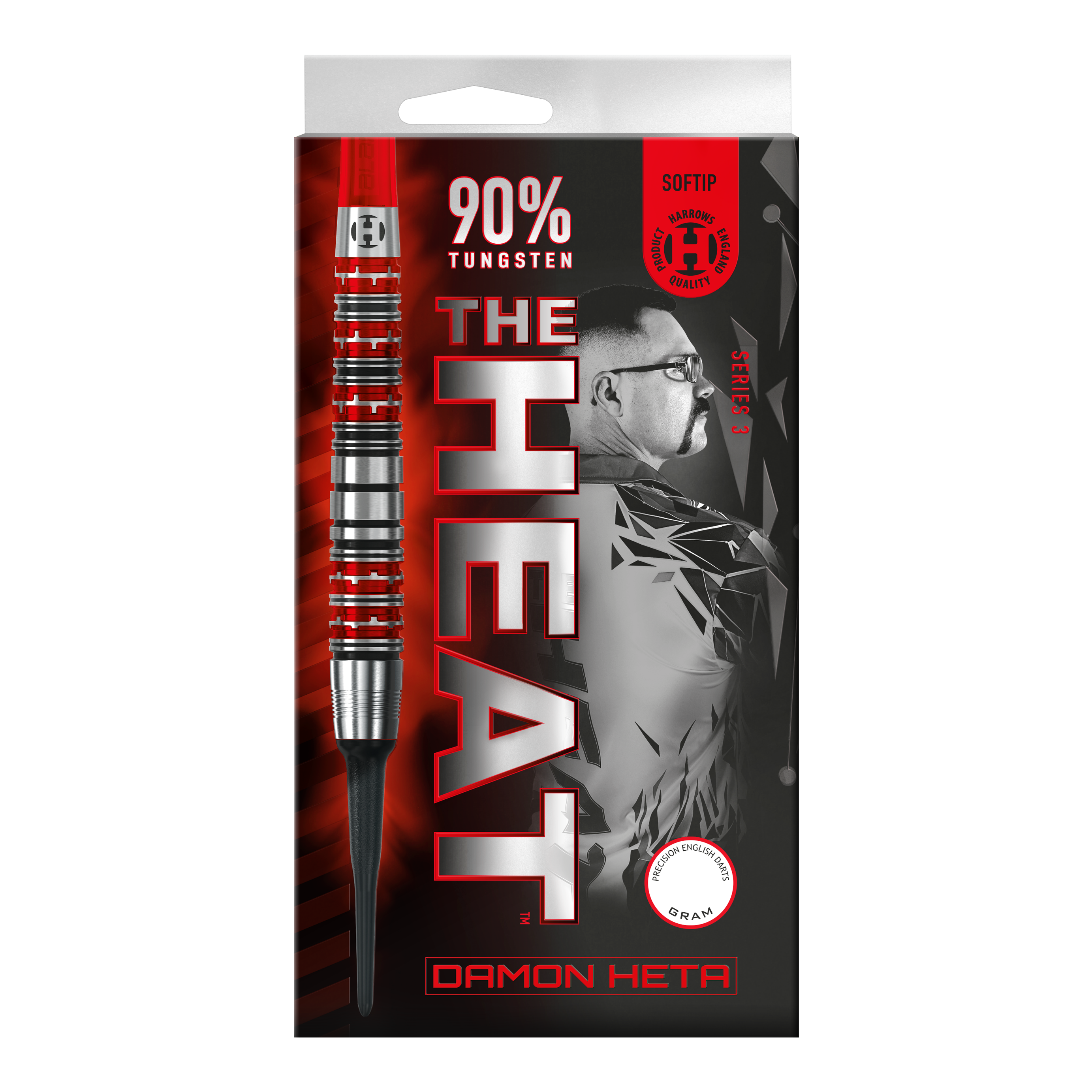 Fléchettes souples Damon Heta Series 3 de Harrow Die Abbildung zeigt die Verpackung der "Harrows Damon Heta Series 3 Softdarts". Auf der Verpackung stehen "90% Tungsten" und ein Porträt von Damon Heta im Hintergrund.
