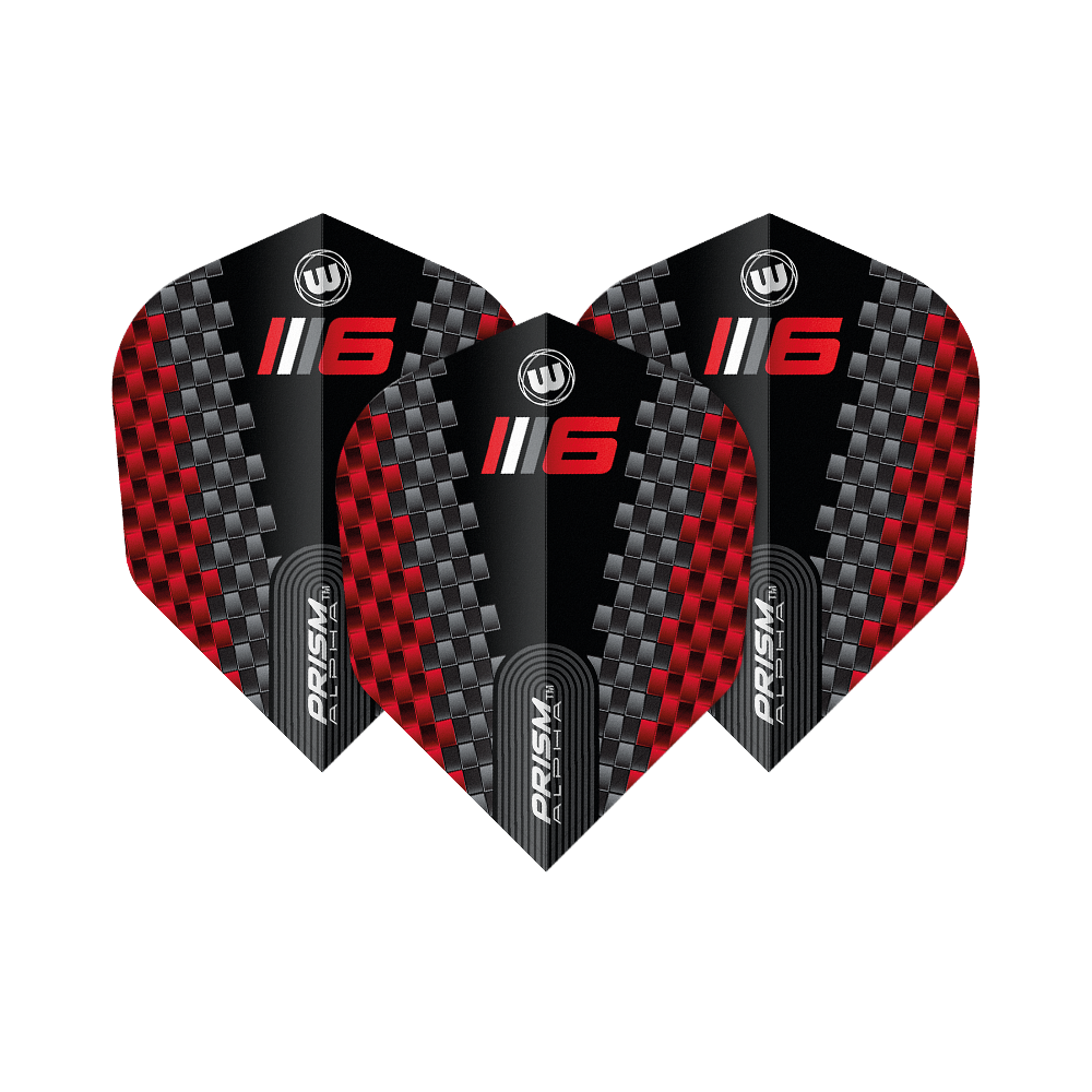 Volets Winmau Prism Alpha Blade 6 Chevron No6 Das Bild zeigt drei Dart-Flights des Modells "Winmau Prism Alpha Blade 6 Chevron No6". Die Flights haben ein schwarzes Design mit roten und silbernen Karomustern sowie der Aufschrift „6“ und „PRISM ALPHA“.