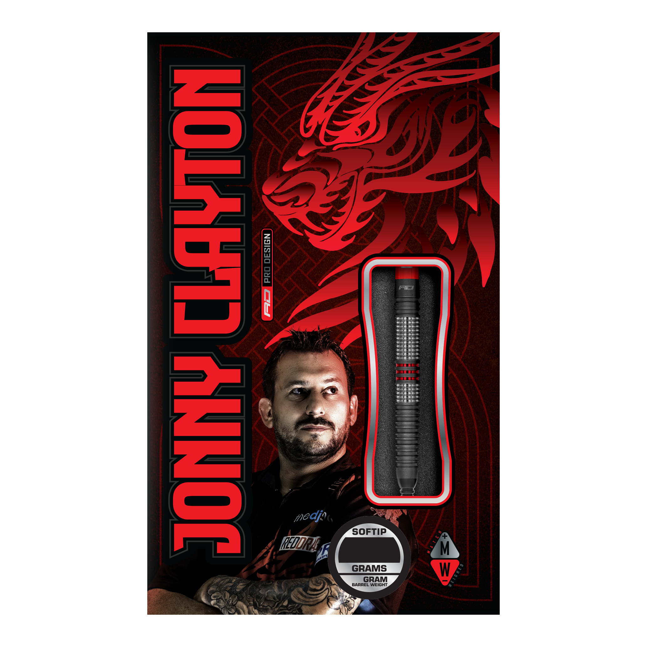 Red Dragon Jonny Clayton Hiraeth Fléchettes souples - 20 g Die Abbildung zeigt die Verpackung der „Red Dragon Jonny Clayton Hiraeth Softdarts - 20g“. Auf der Vorderseite sind der Dart, ein Porträt von Jonny Clayton und ein roter Drachen als Design-Element zu sehen.