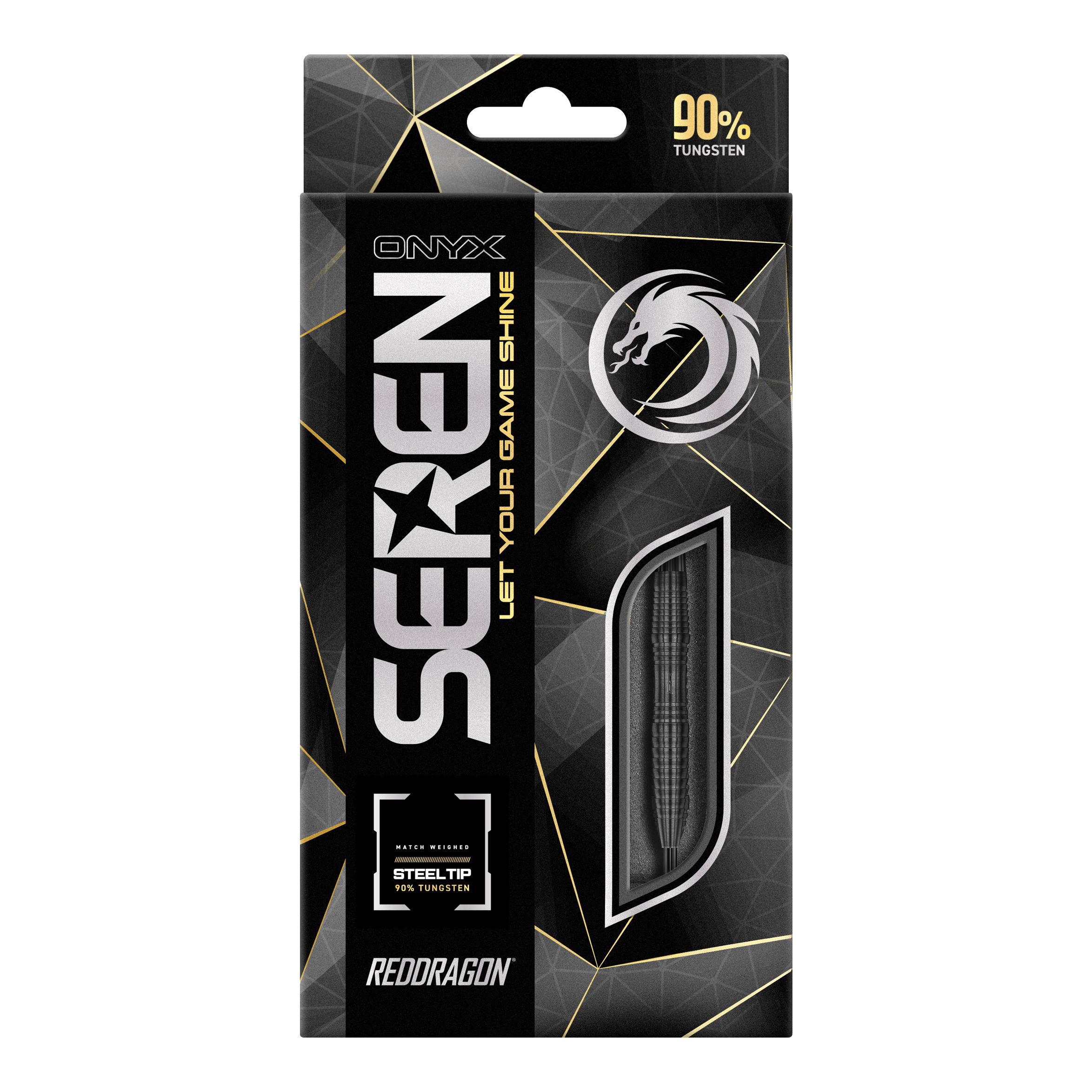 Fléchettes en acier Onyx Seren 3 du Dragon Rouge Die Abbildung zeigt die Verpackung der "Red Dragon Seren 3 Onyx Steeldarts". Auf der Schachtel steht, dass die Darts aus 90% Tungsten bestehen.