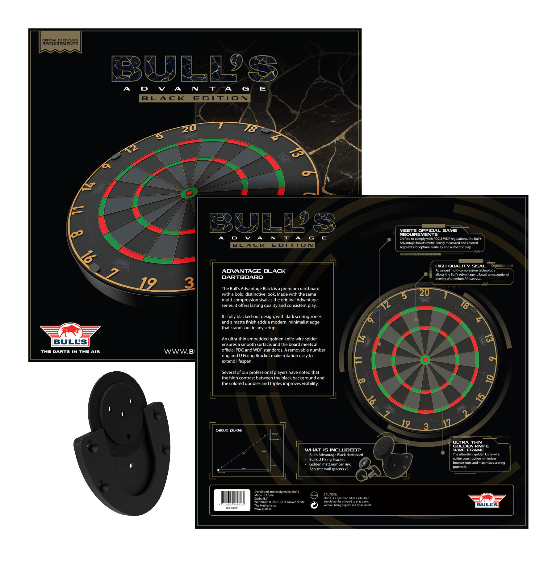 Cible de fléchettes en acier Bulls NL Advantage Black Edition Das Bild zeigt das Bulls NL Advantage Black-Edition Steeldartboard. Dies ist eine schwarze Dartscheibe für Steeldart-Spiele.