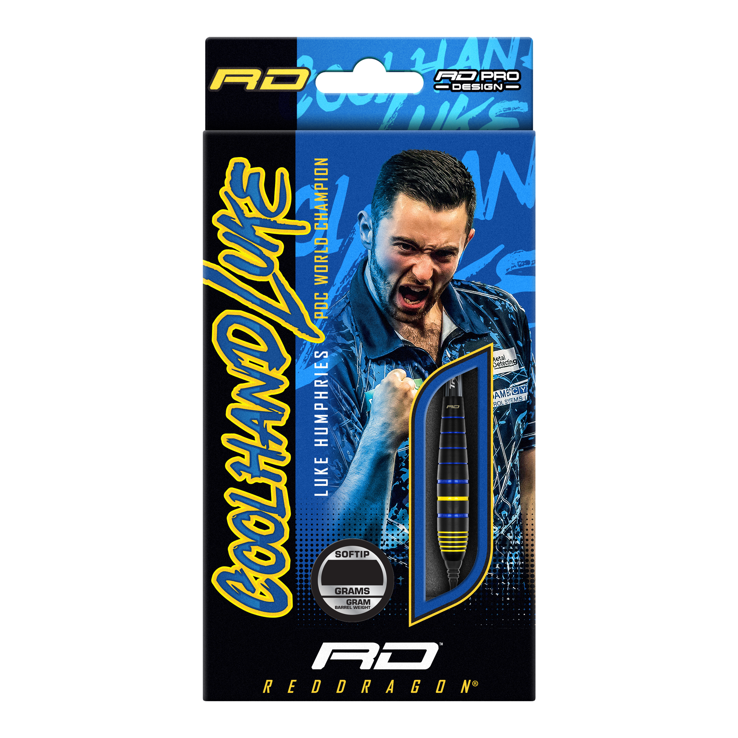 Fléchettes souples Red Dragon Luke Humphries, champion du monde, en laiton - 20 g Auf der Verpackung ist der Red Dragon Luke Humphries World Champion Brass Softdart mit 20g zu sehen. Im Hintergrund befindet sich ein jubelnder Mann in blauem Hemd.