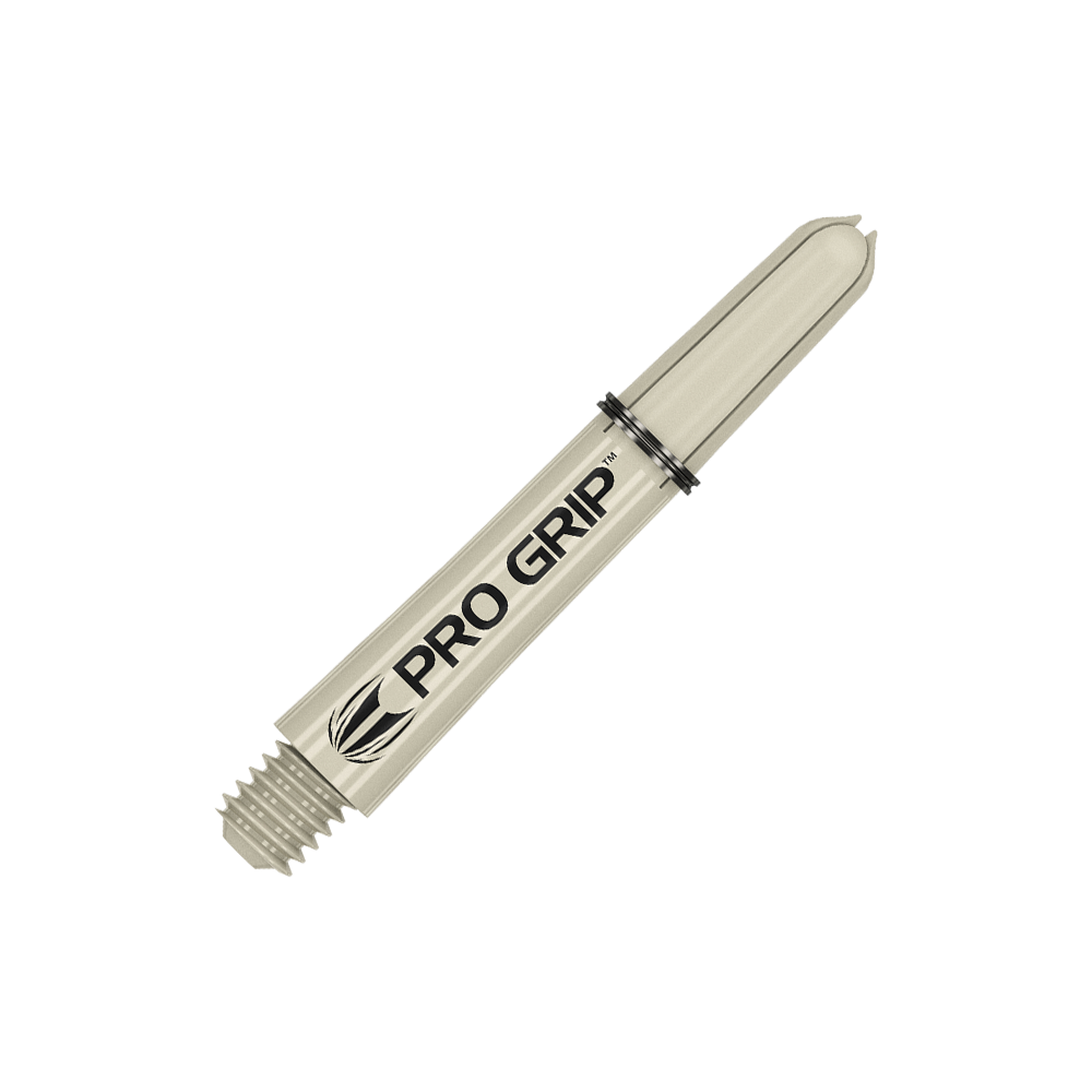 380150_Target_Pro_Grip_Shafts_Sand_34mm_2 Das Bild zeigt einen beigen Dart-Schaft mit der Aufschrift "Pro Grip". Der Schaft hat ein Gewinde an einem Ende und ist 34 mm lang.