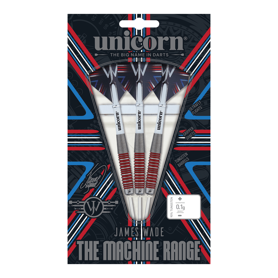 Fléchettes Unicorn The Machine James Wade 90% acier Das Bild zeigt eine Verpackung mit drei Steeldarts der Marke "Unicorn" aus der "James Wade The Machine Range". Die Darts bestehen zu 90% aus Tungsten und haben rote und silberne Akzente.