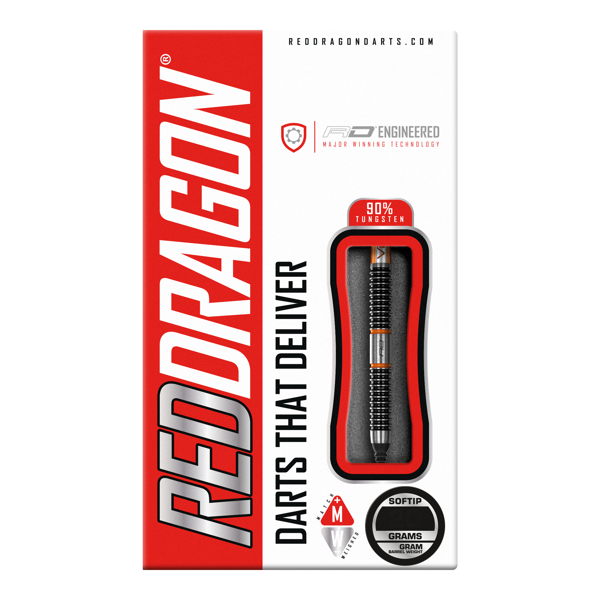 Red Dragon Amberjack 18 fléchettes souples - 20 g Auf dem Bild ist die Verpackung der "Red Dragon Amberjack 18 Softdarts - 20g" zu sehen. Die Verpackung ist überwiegend rot und weiß und zeigt einen Softdart mit 90% Tungsten.
