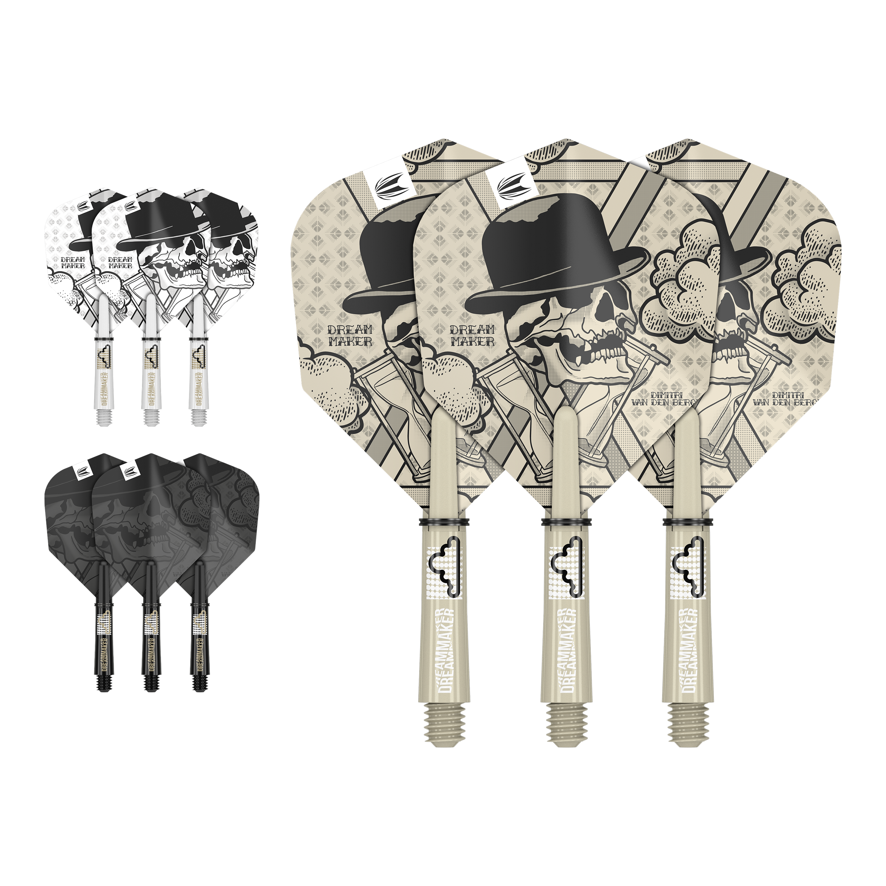 Kit de tige de vol Target Ink Dimitri Van Den Bergh Das Bild zeigt drei unterschiedlich gestaltete Dartflights und -schäfte mit einem Totenkopf-Motiv und dem Text "Dream Maker". Die Designs sind in den Farben Beige, Schwarz und Weiß gehalten.