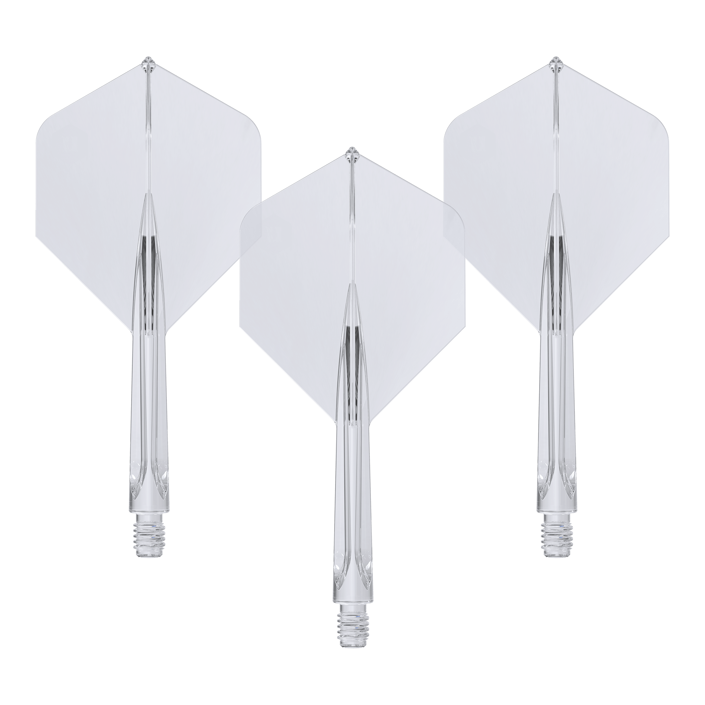 Ailettes standard Unicorn Forge All In One Plus No2 transparentes - Moyennes Das Bild zeigt drei klare, mittellange Unicorn Forge All In One Plus No2 Standard Flights. Sie sind durchsichtig und haben eine integrierte Flight- und Schaft-Konstruktion.