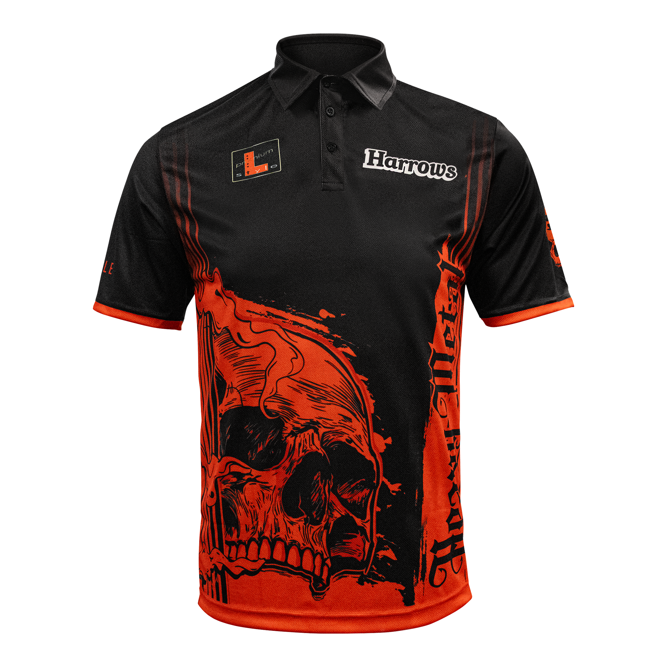 T-shirt de joueur de heavy metal Ryan Searle de Harrow Das Bild zeigt das Harrows Ryan Searle Heavy Metal Playershirt. Es ist ein spezielles Dartshirt, das für Spieler entworfen wurde.