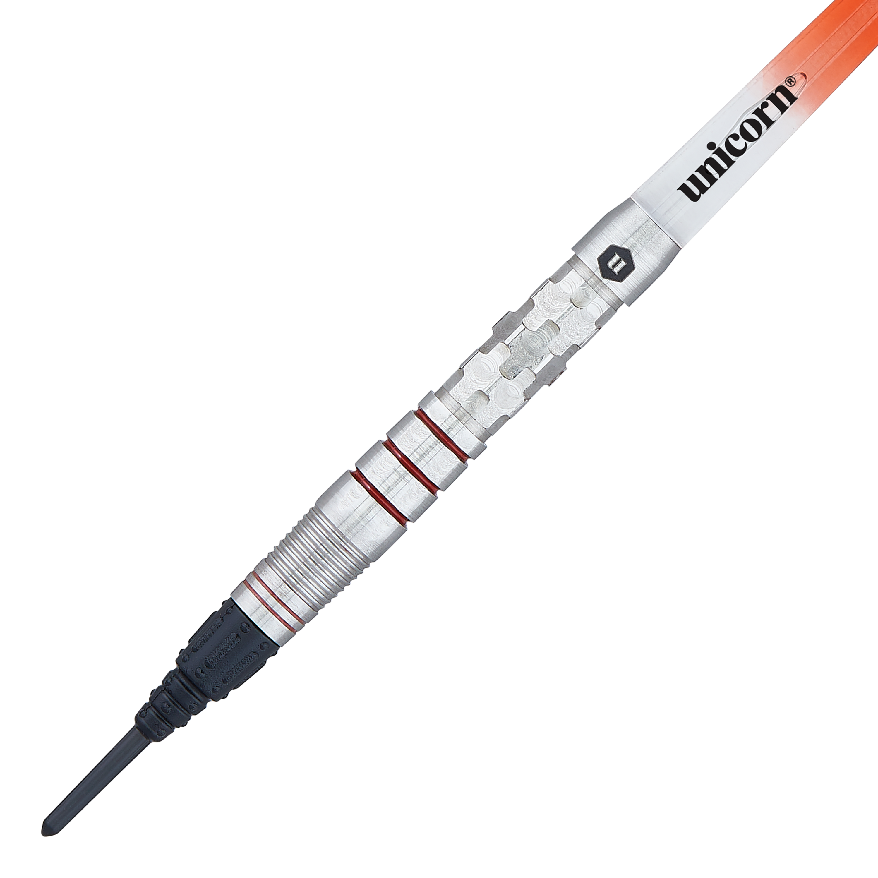 Fléchettes souples Unicorn Ballista Style 3 Das Bild zeigt einen Unicorn Ballista Style 3 Softdart. Der Dart hat ein silbernes Barrel mit roten Ringen und einer schwarzen Softspitze.