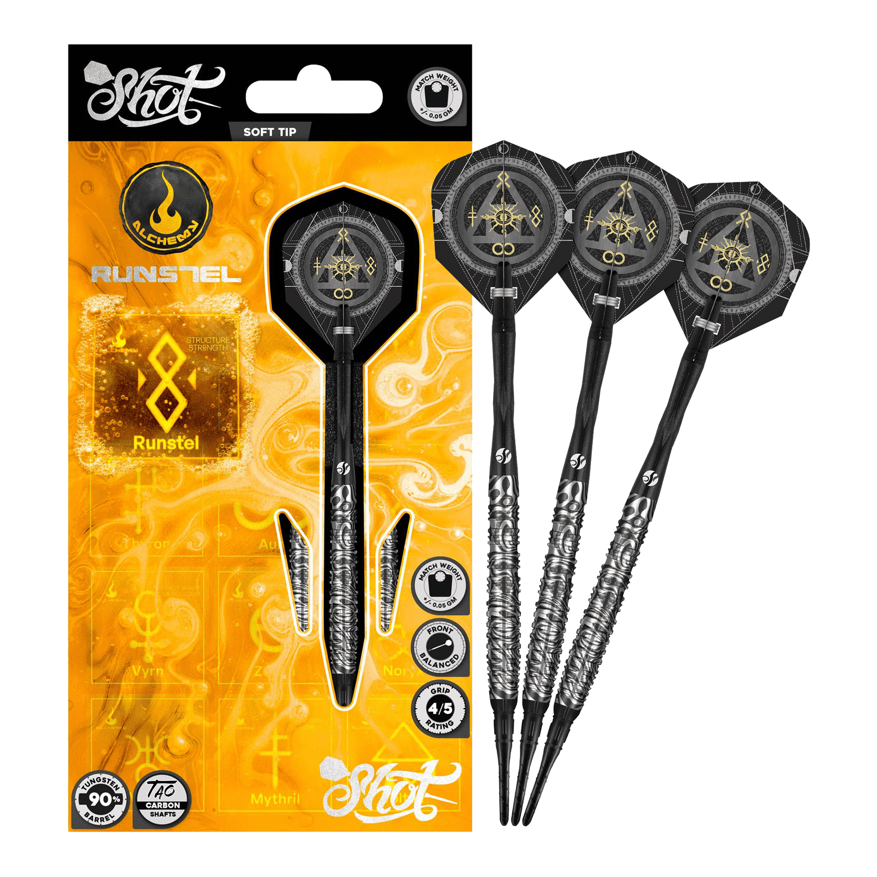 Fléchettes souples Shot Alchemy Runstel - 20 g Das Bild zeigt die Shot Alchemy Runstel Softdarts mit 20 Gramm Gewicht. Die Darts sind vollständig und detailliert abgebildet.