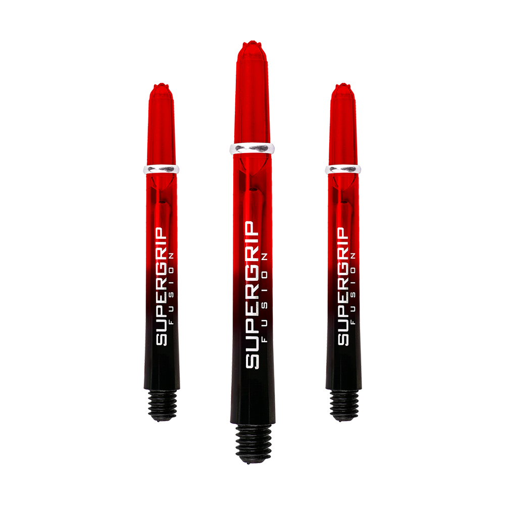 HR344_Harrows_Supergrip_Fusion_Shafts_Rot_47mm_1bmv0Cjn6JlYkO Das Bild zeigt drei Harrows Supergrip Fusion Shafts in der Farbe Rot. Die Schäfte sind teilweise transparent und verlaufen von Rot zu Schwarz mit weißer Aufschrift.