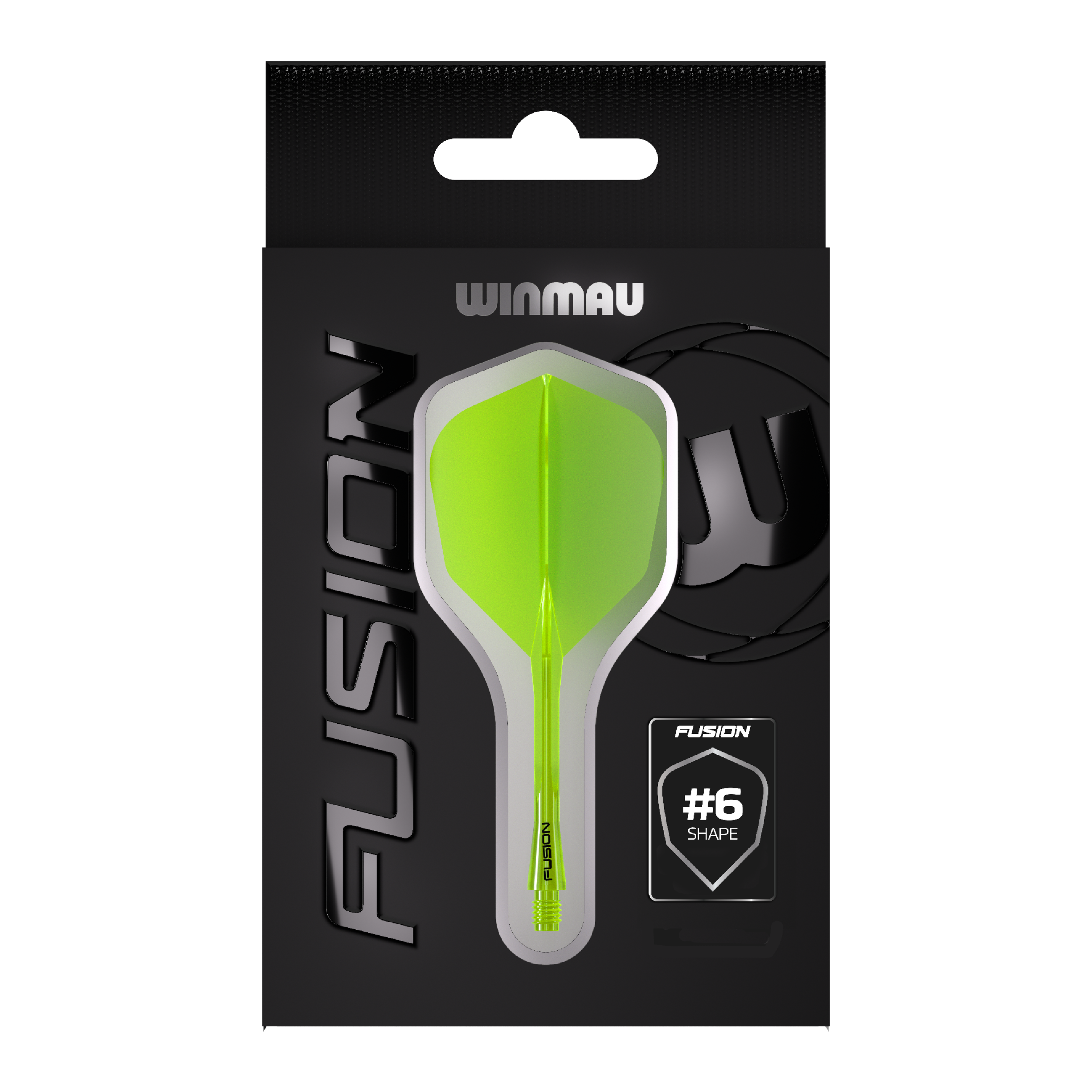 Système d'arbre de vol Winmau Fusion No6 Jaune fluo Auf dem Bild ist eine Packung Winmau Fusion Flight Shaft System in Neon-Gelb zu sehen. In der Mitte der Verpackung befindet sich ein Flightsystem in Form #6.