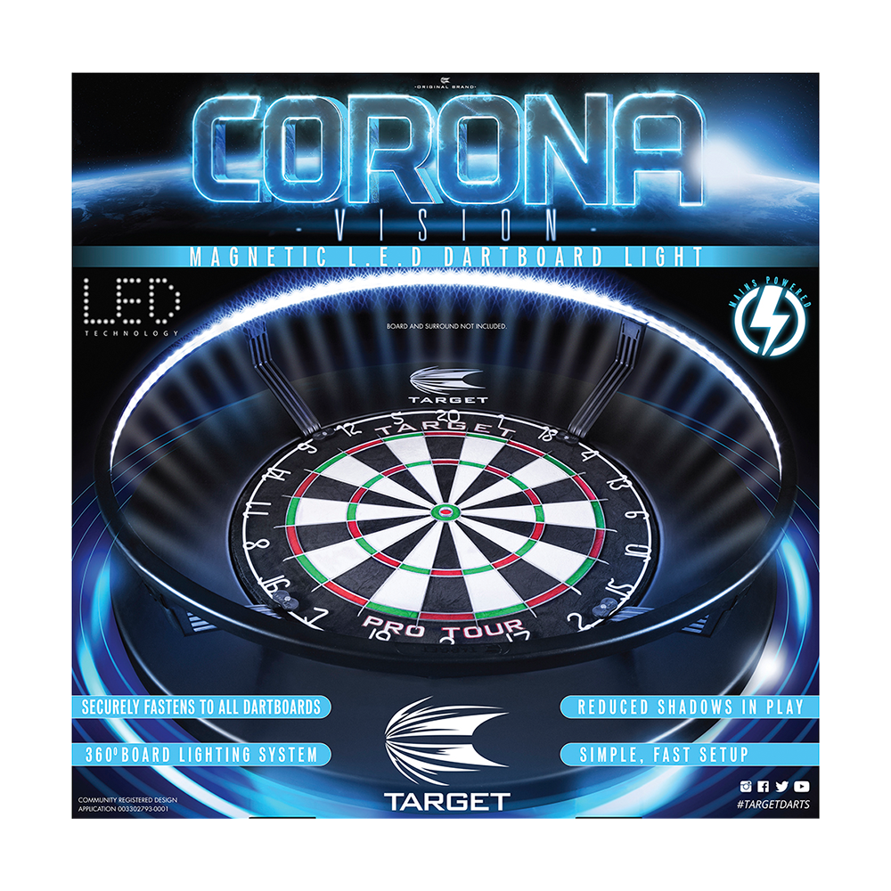 Système d'éclairage de cible de fléchettes Target CORONA Vision LED Das Bild zeigt das Produkt „Target CORONA Vision LED Dartboard Lighting System“, das einen Dartboard-Beleuchtungsring darstellt. Es hebt die LED-Technologie und eine gleichmäßige Ausleuchtung für weniger Schatten beim Dartspielen hervor.