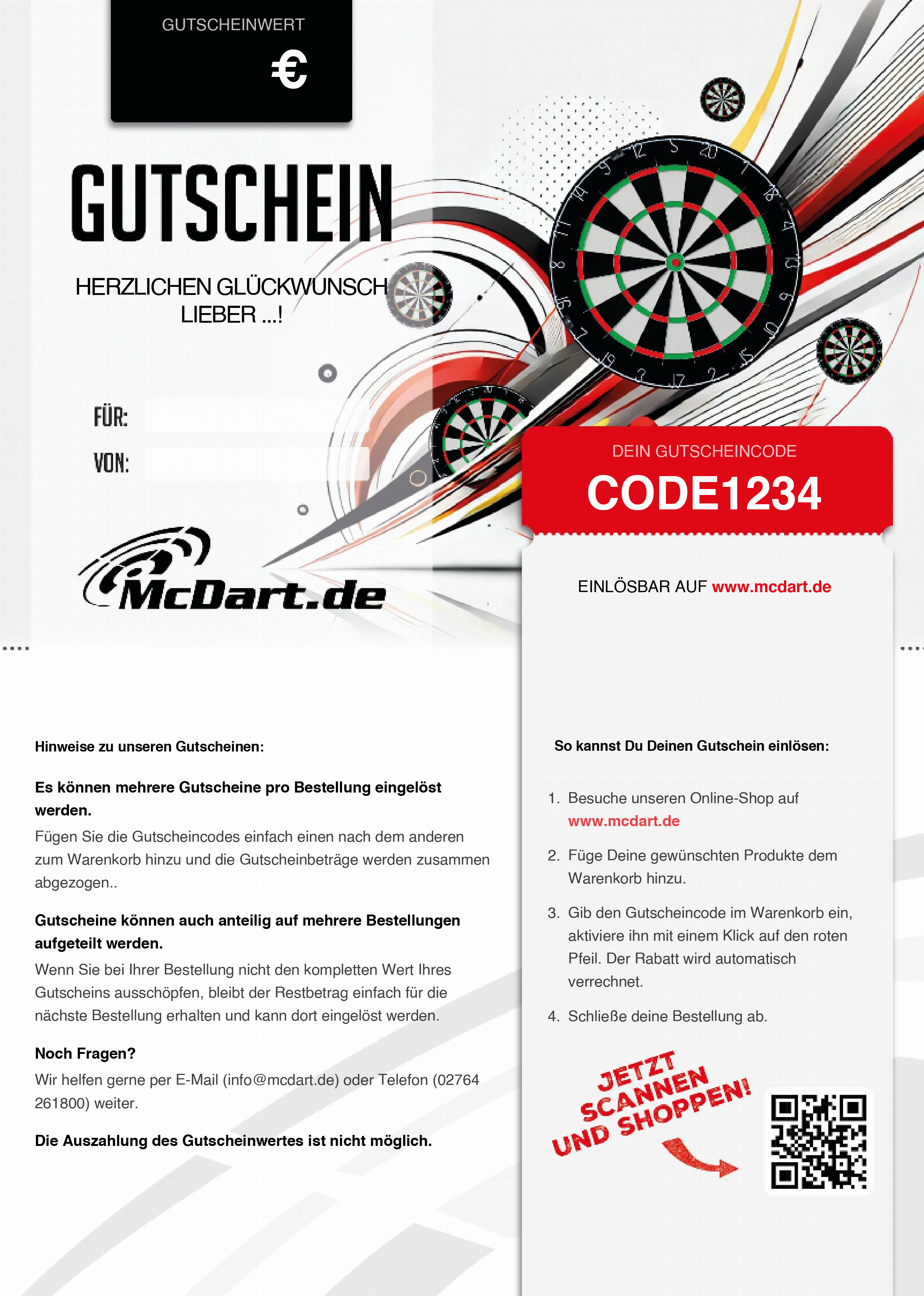 Bon d'achat - Cibles de fléchettes Das Bild zeigt einen Gutschein für Dartboards von McDart.de mit einem individuellen Gutscheincode. Im Design sind mehrere Dartboards sowie Hinweise zur Einlösung des Gutscheins abgebildet.