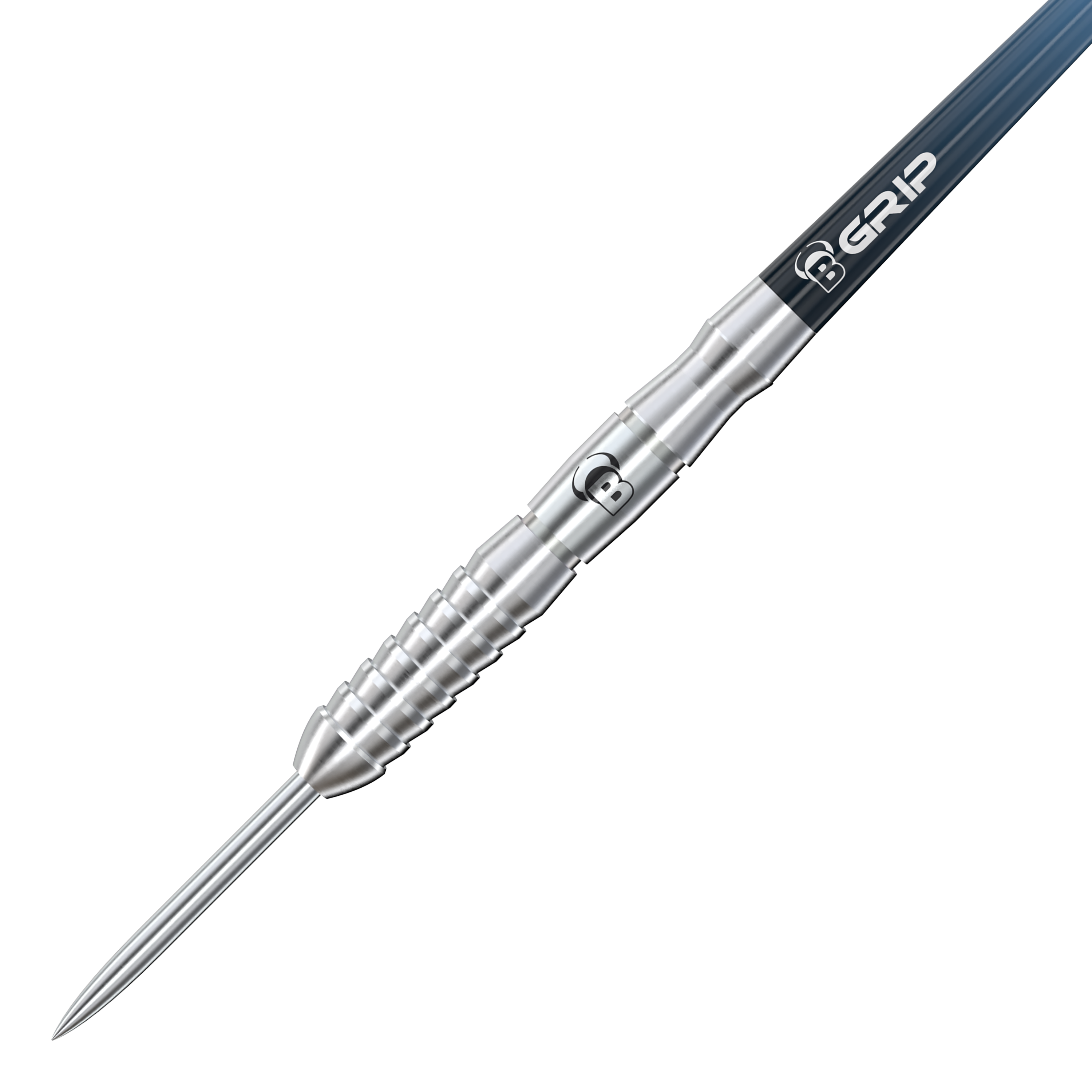 Fléchettes en acier Bulls Stone S3 Auf dem Bild ist ein silberner Steeldart mit dem Namen "Bulls Stone S3 Steeldarts" zu sehen. Der Dart hat ein markantes Rillen-Design und einen spitzen Metallkopf.