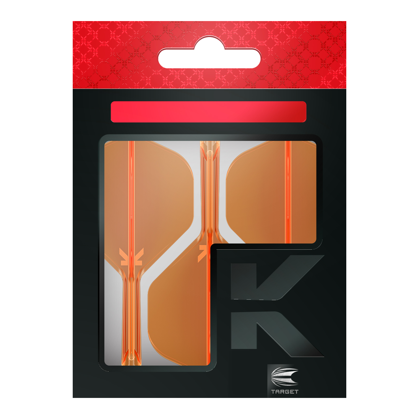 Système de vol standard Target K-Flex No2 - Orange fluo Die Abbildung zeigt eine Packung mit orangenen Dart-Flights der Marke Target. Die Verpackung ist überwiegend schwarz mit einem roten oberen Abschnitt.