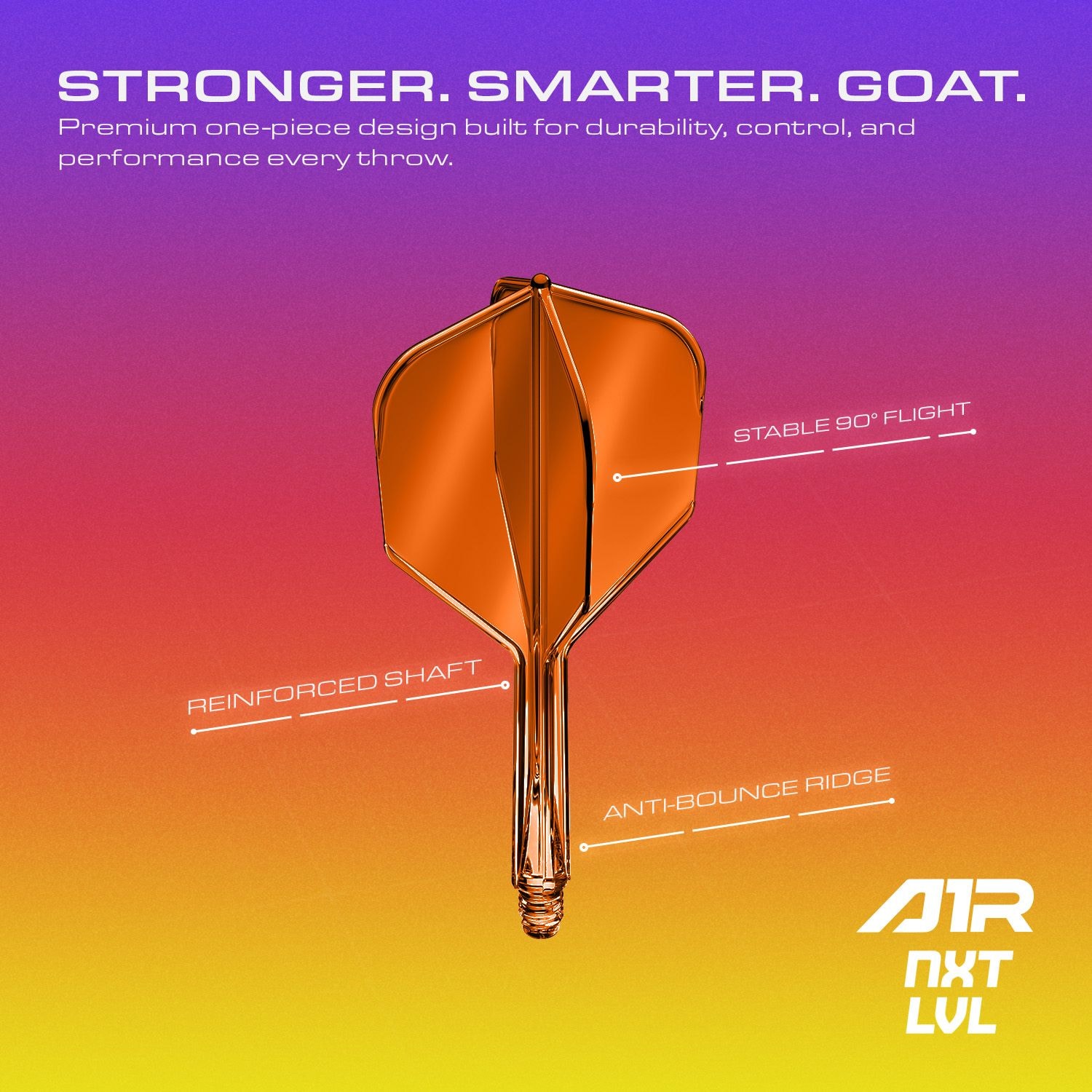 Système d'arbre de vol GOAT A1R n° 6 - Orange fluo Das GOAT A1R No6 Flight-Shaft-System in Neon Orange ist auf diesem Bild abgebildet. Die farbenfrohe Gestaltung macht es besonders ansprechend für Dartspieler.