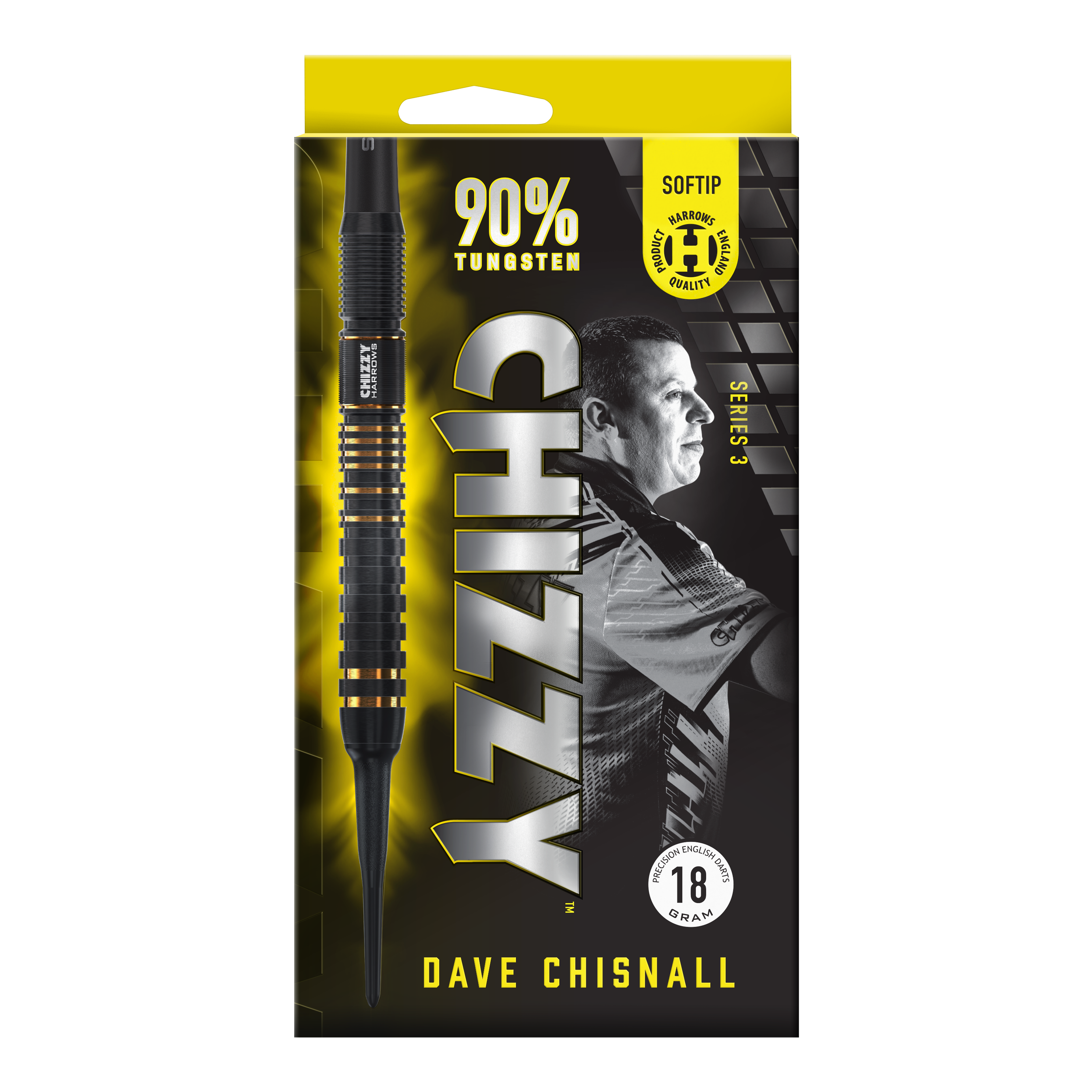 Fléchettes souples Dave Chisnall Chizzy Series 3 de Harrow Das Bild zeigt die Verpackung der "Harrows Dave Chisnall Chizzy Series 3 Softdarts". Auf der Verpackung stehen Informationen wie "90% Tungsten", "Softtip" und das Gewicht von 18 Gramm.