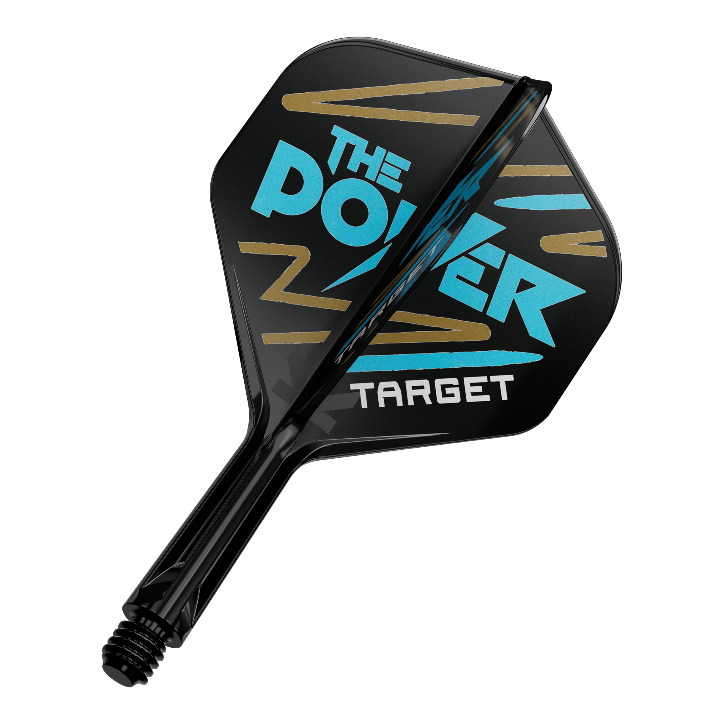 Système de flèche standard Target K-Flex Phil Taylor n° 2 Das Bild zeigt einen schwarzen Dartflight mit der Aufschrift "THE POWER" in blauer Farbe. Darunter steht das Wort "TARGET" in weißer Schrift.