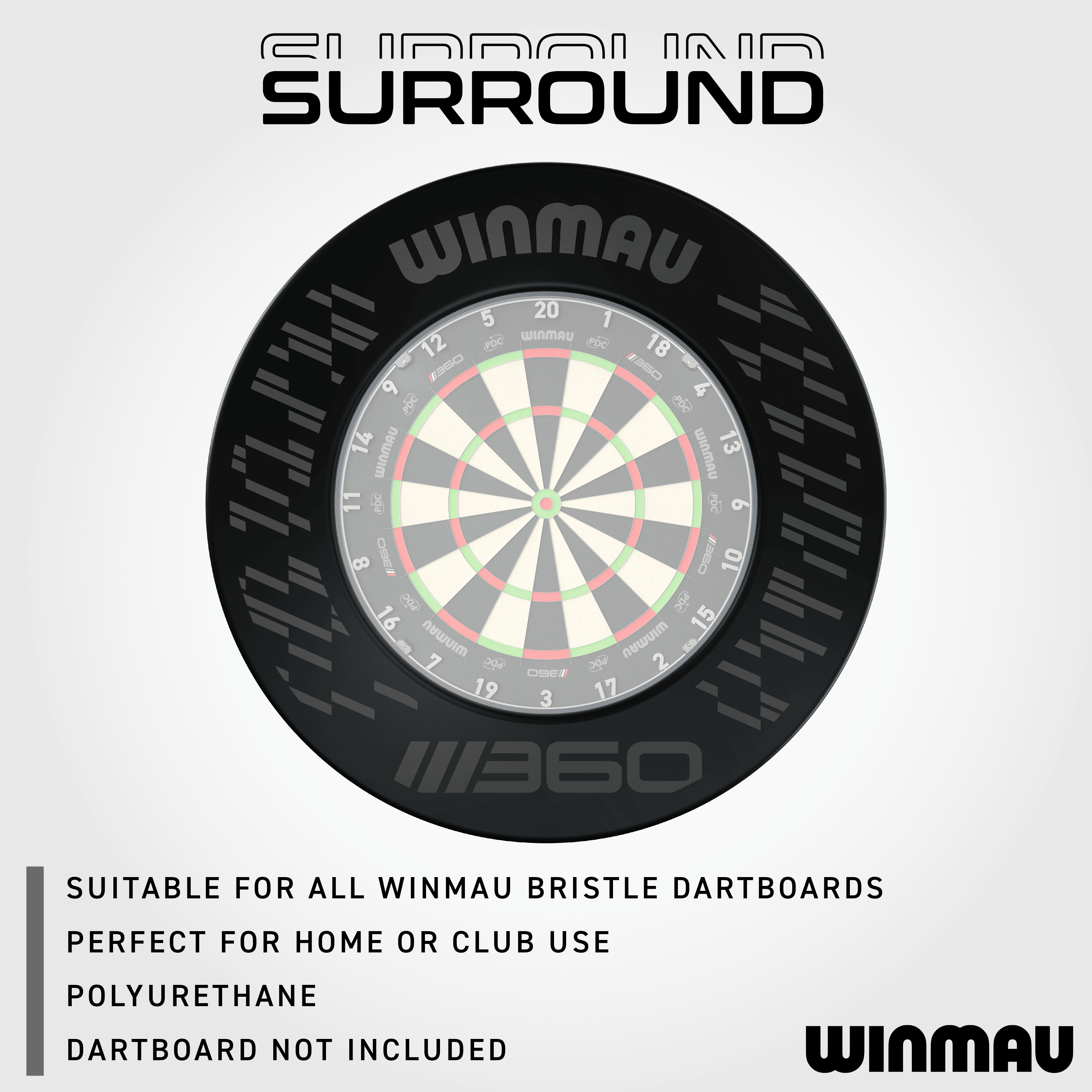 Cadre de cible Winmau Blade 360 - Noir Das Bild zeigt das Winmau Blade 360 Dartboard Surround in Schwarz. Es ist eine praktische Ergänzung zum Schutz der Wände beim Dartspielen.
