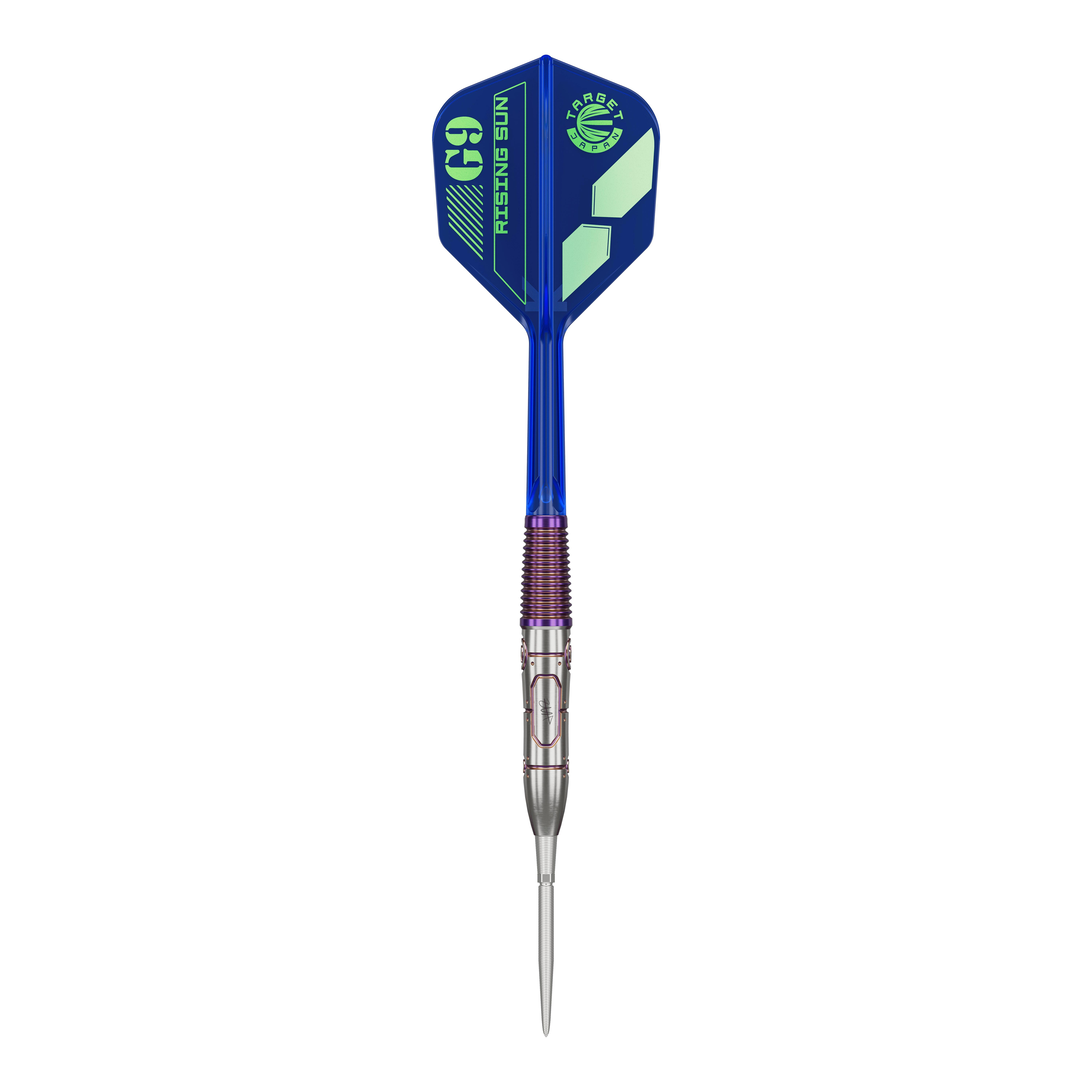 Dies ist ein Target Japan Haruki Muramatsu Rising Sun GEN9 Steeldart mit einem Gewicht von 23g. Der Dart hat ein modernes Design mit blauen und silbernen Elementen.