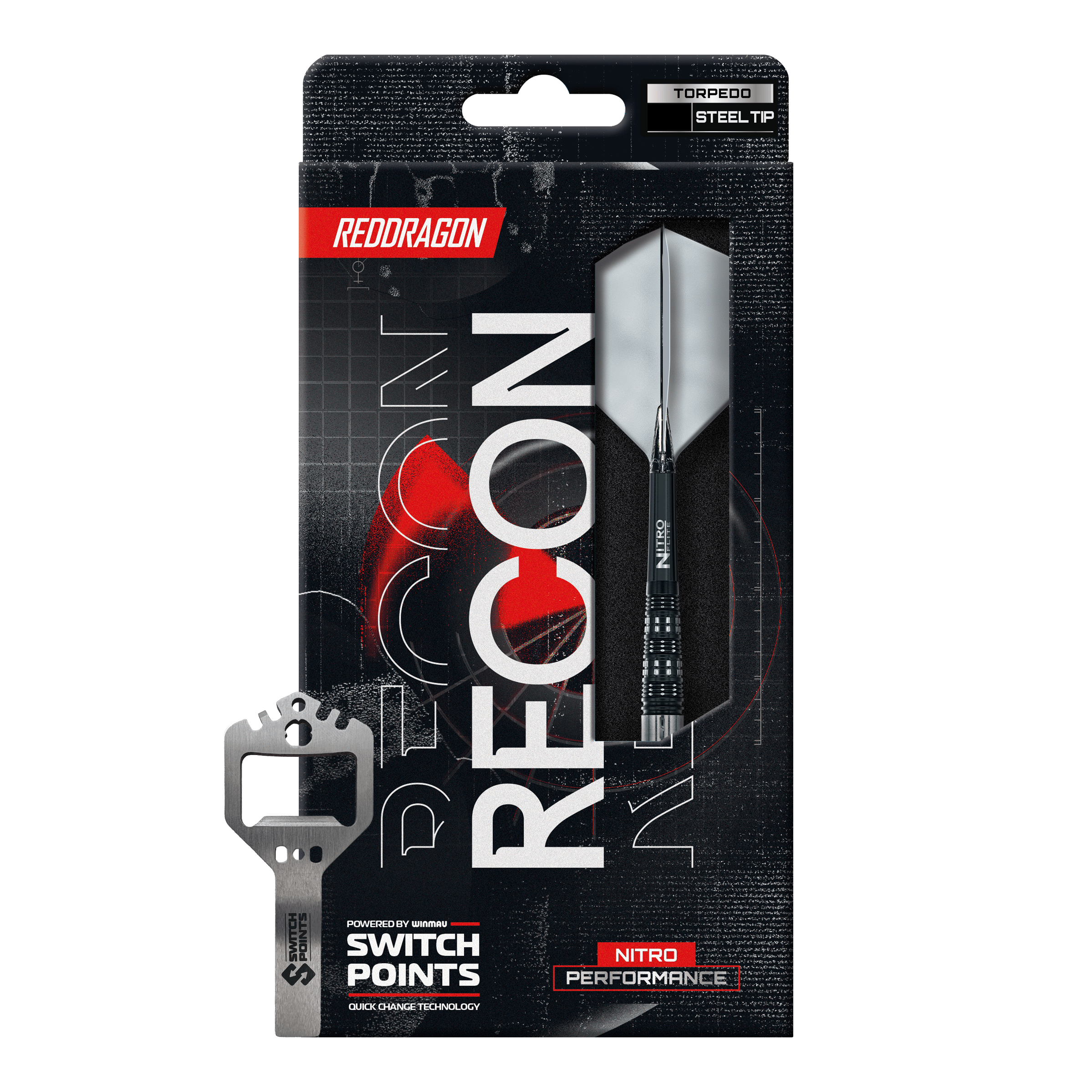 Fléchettes en acier Red Dragon Recon Torpedo Auf dem Bild sind die Red Dragon Recon Torpedo Steeldarts - 23g zu erkennen. Die Steeldarts liegen parallel zueinander.