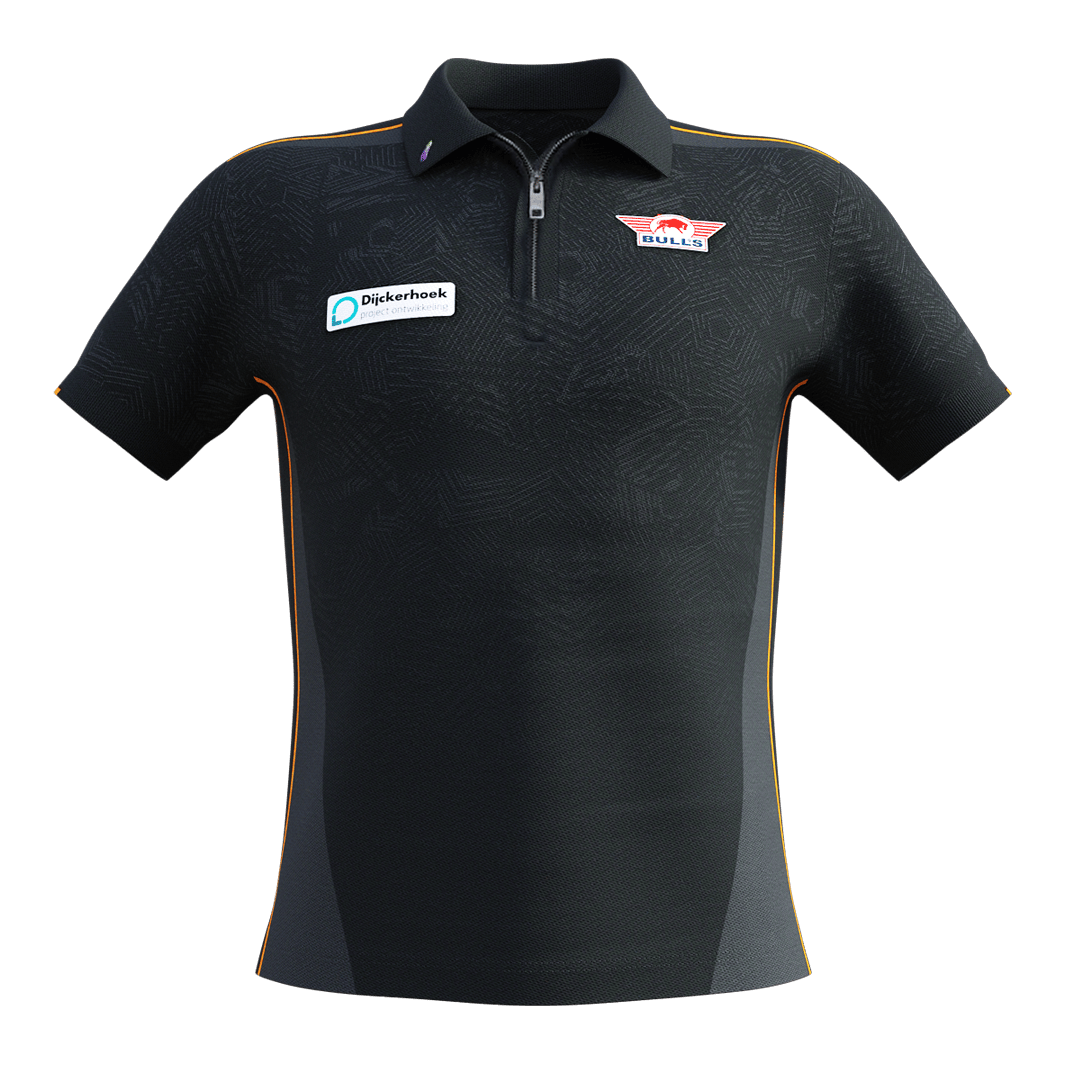 Maillot de match Bulls NL Dirk Van Duijvenbode 2025 Das Bild zeigt ein schwarzes Matchshirt mit kurzen Ärmeln und orangefarbenen Akzenten. Auf der Brust sind das Bulls NL Logo und ein Sponsorenaufnäher zu sehen.