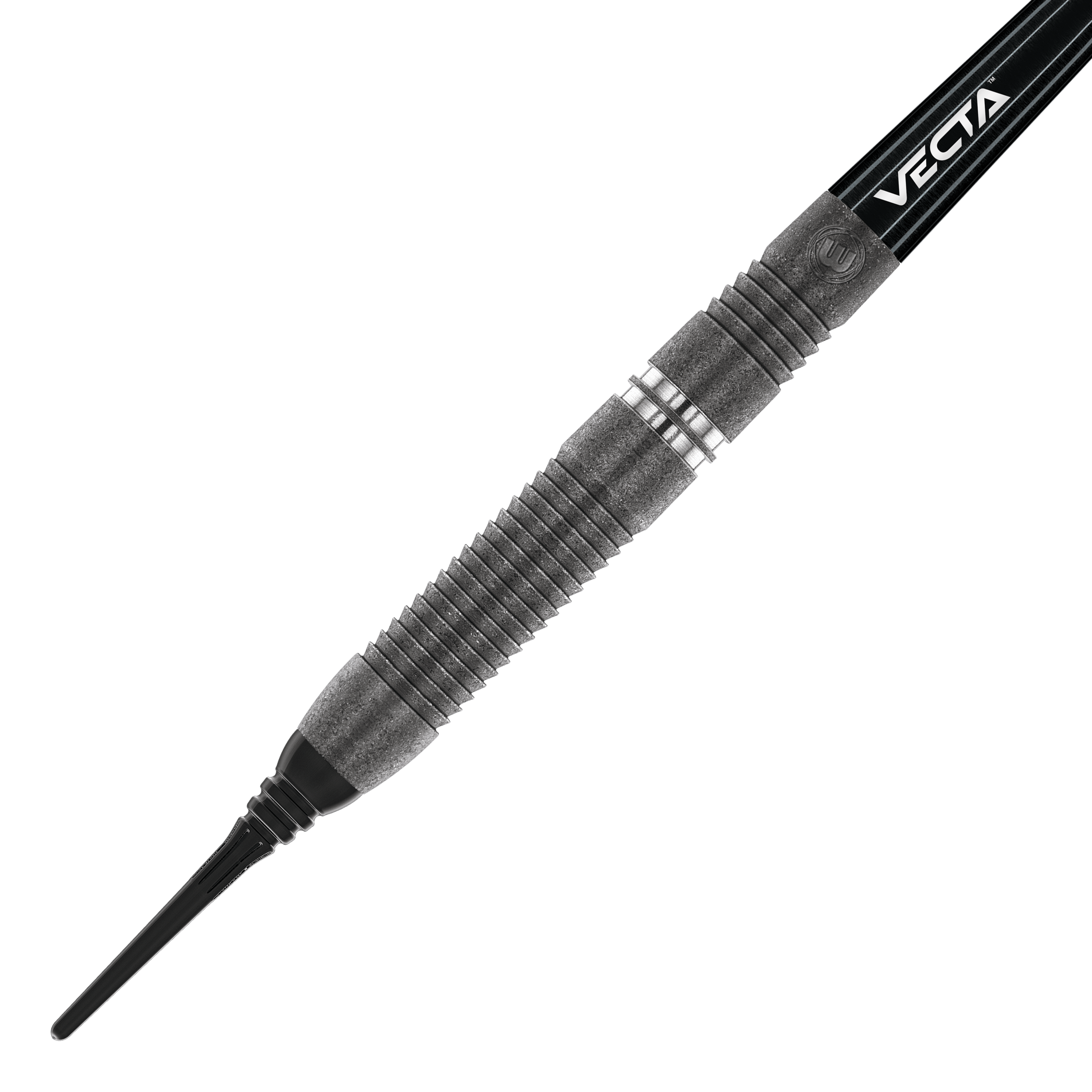 Fléchettes souples Winmau Callisto 03 - 20 g Das Bild zeigt einen Winmau Callisto 03 Softdart mit einem Gewicht von 20g. Der Dart hat ein modernes, schwarzes Design mit silbernen Ringen und strukturierter Griffzone.